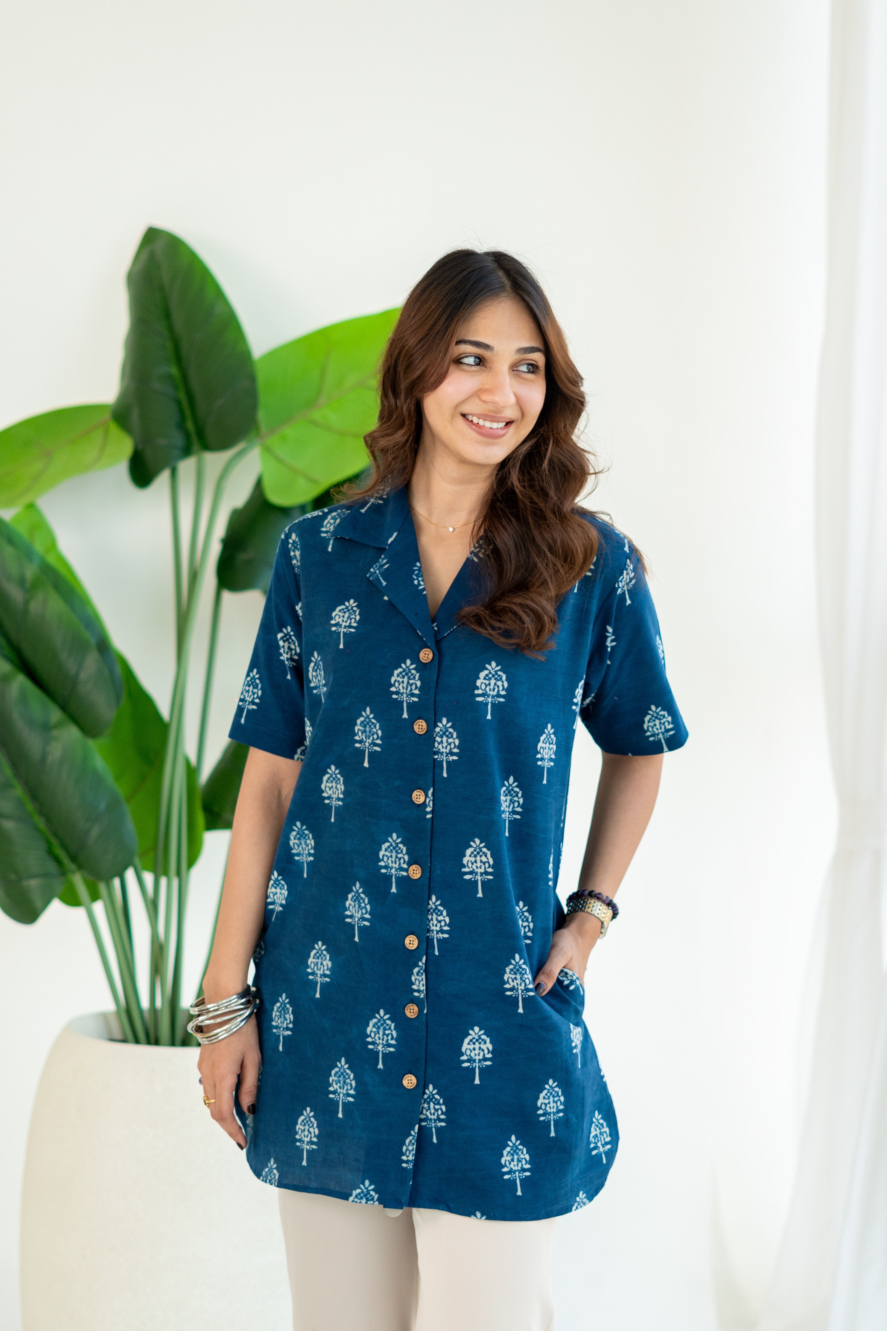 Navy Blue Ajrakh Handblock Cotton Shirt Kurti