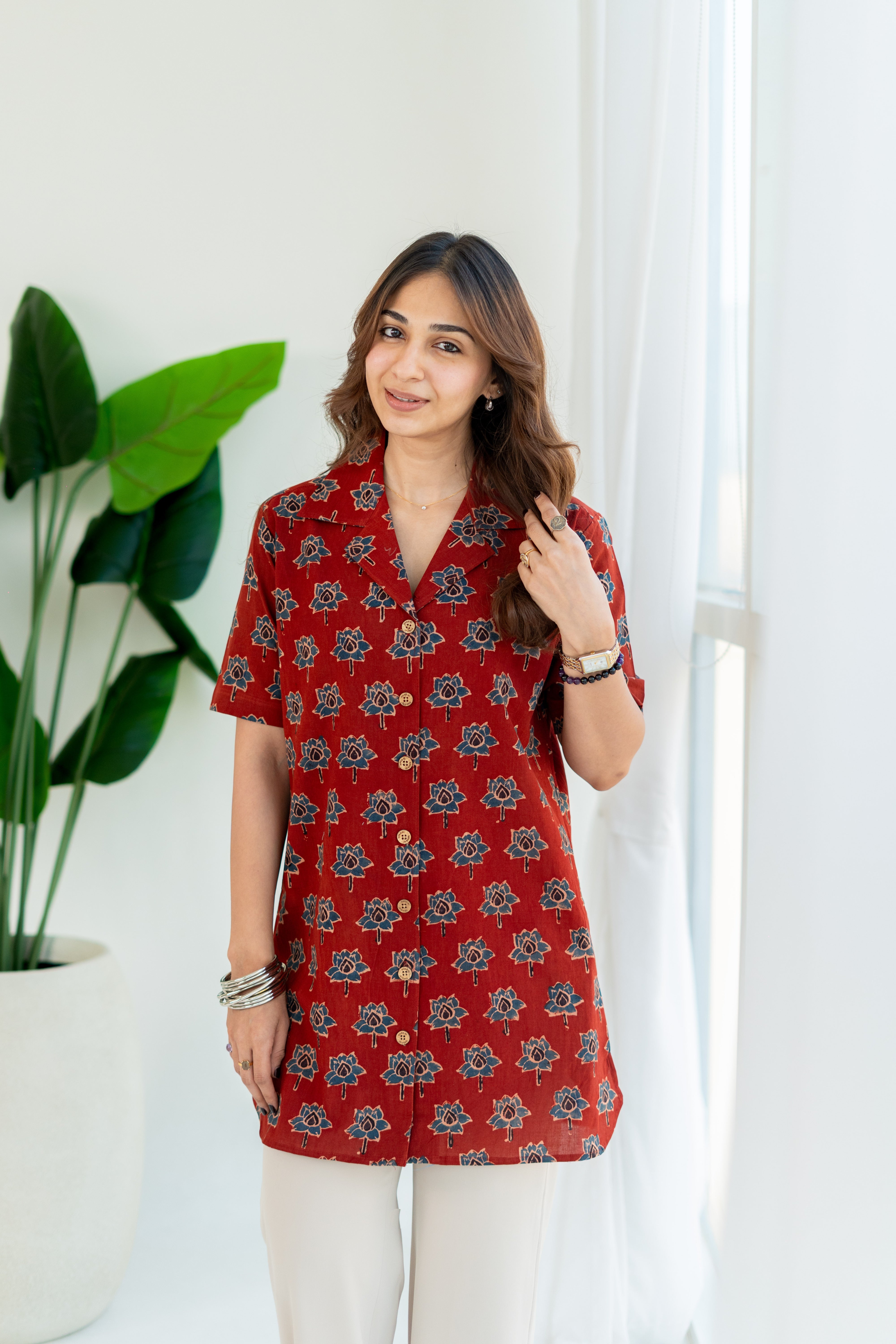 Red Ajrakh Floral Handblock Cotton Shirt Kurti
