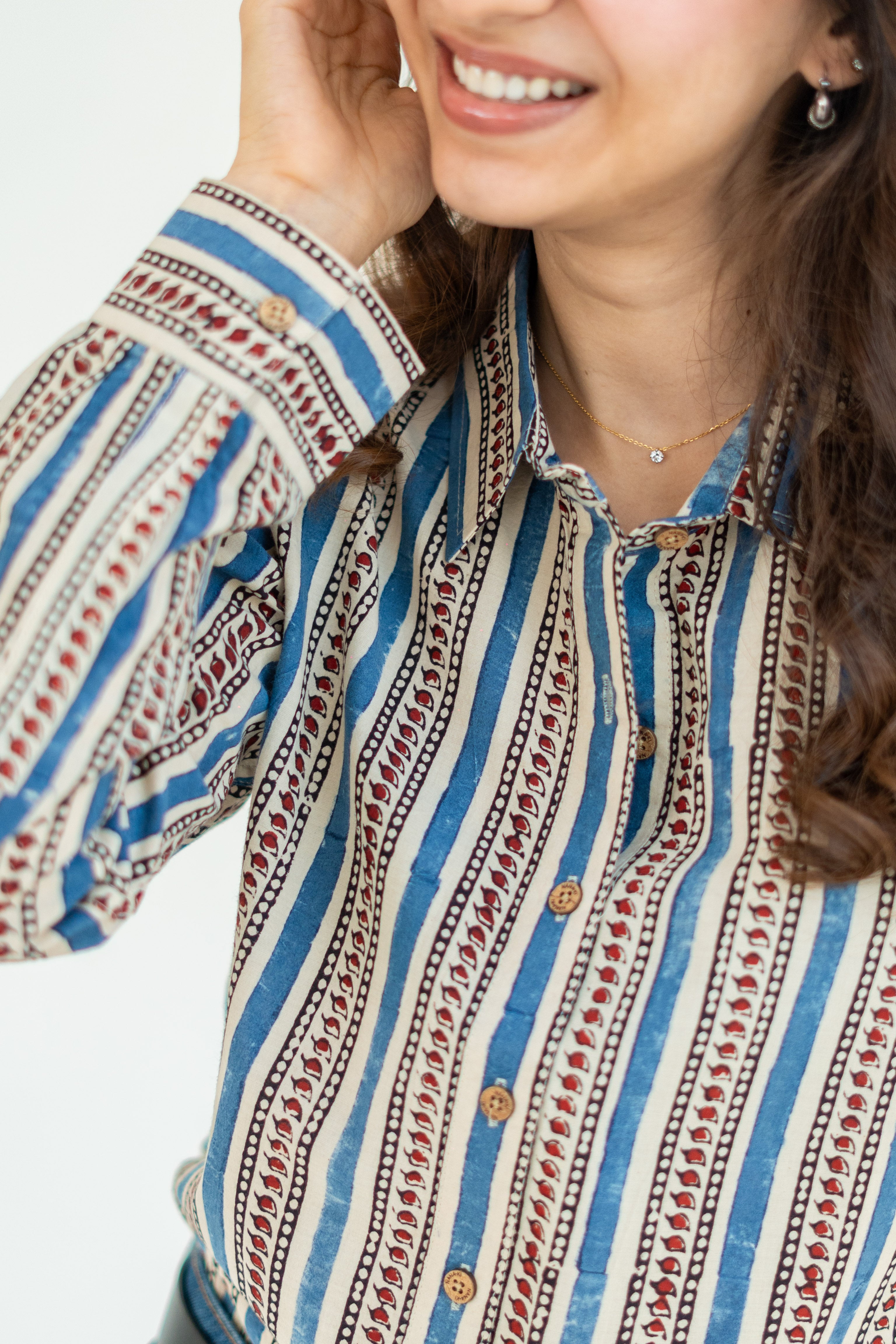 Ajrakh Motif Stripe Handblock Cotton Shirt