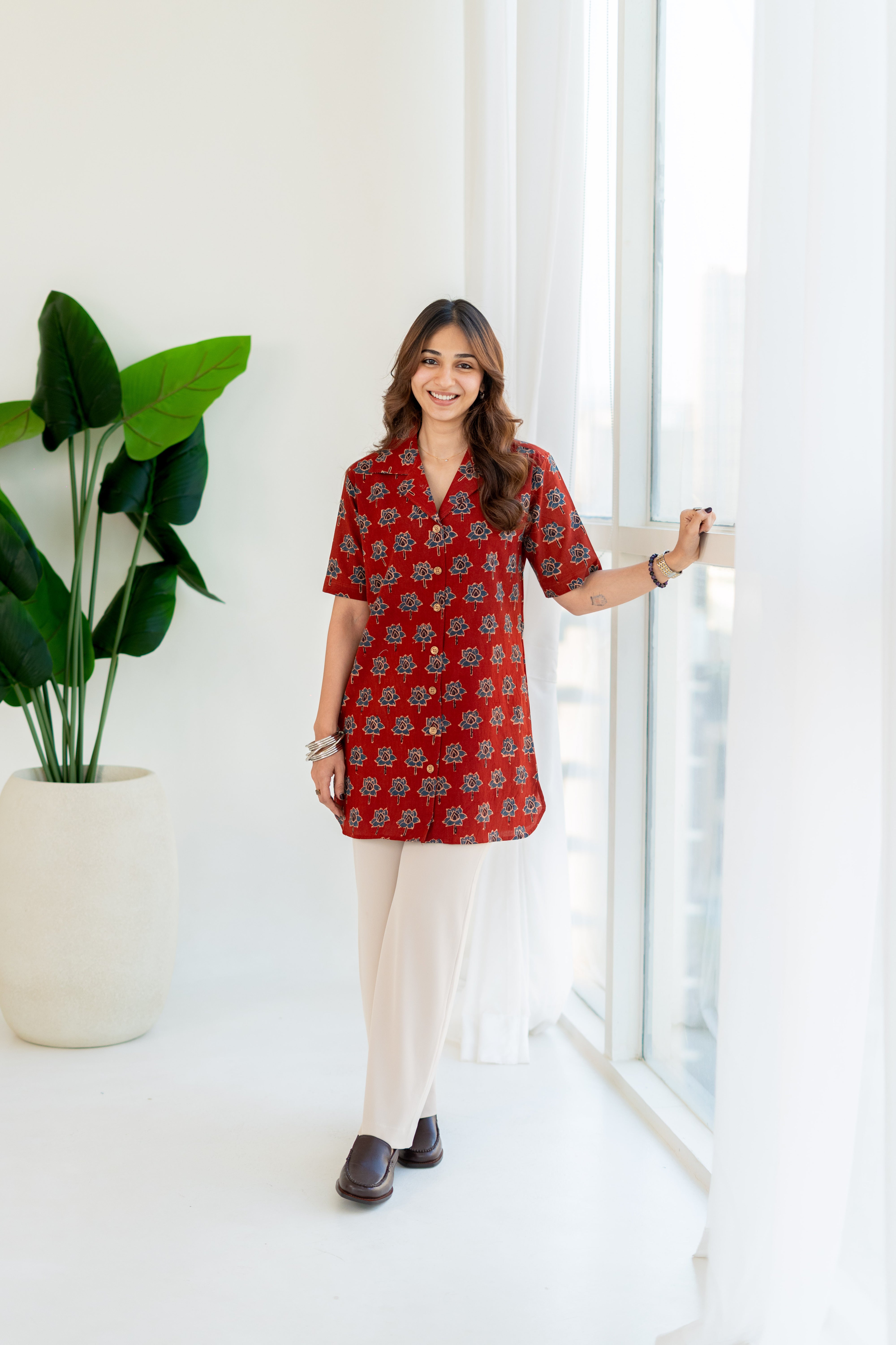 Red Ajrakh Floral Handblock Cotton Shirt Kurti