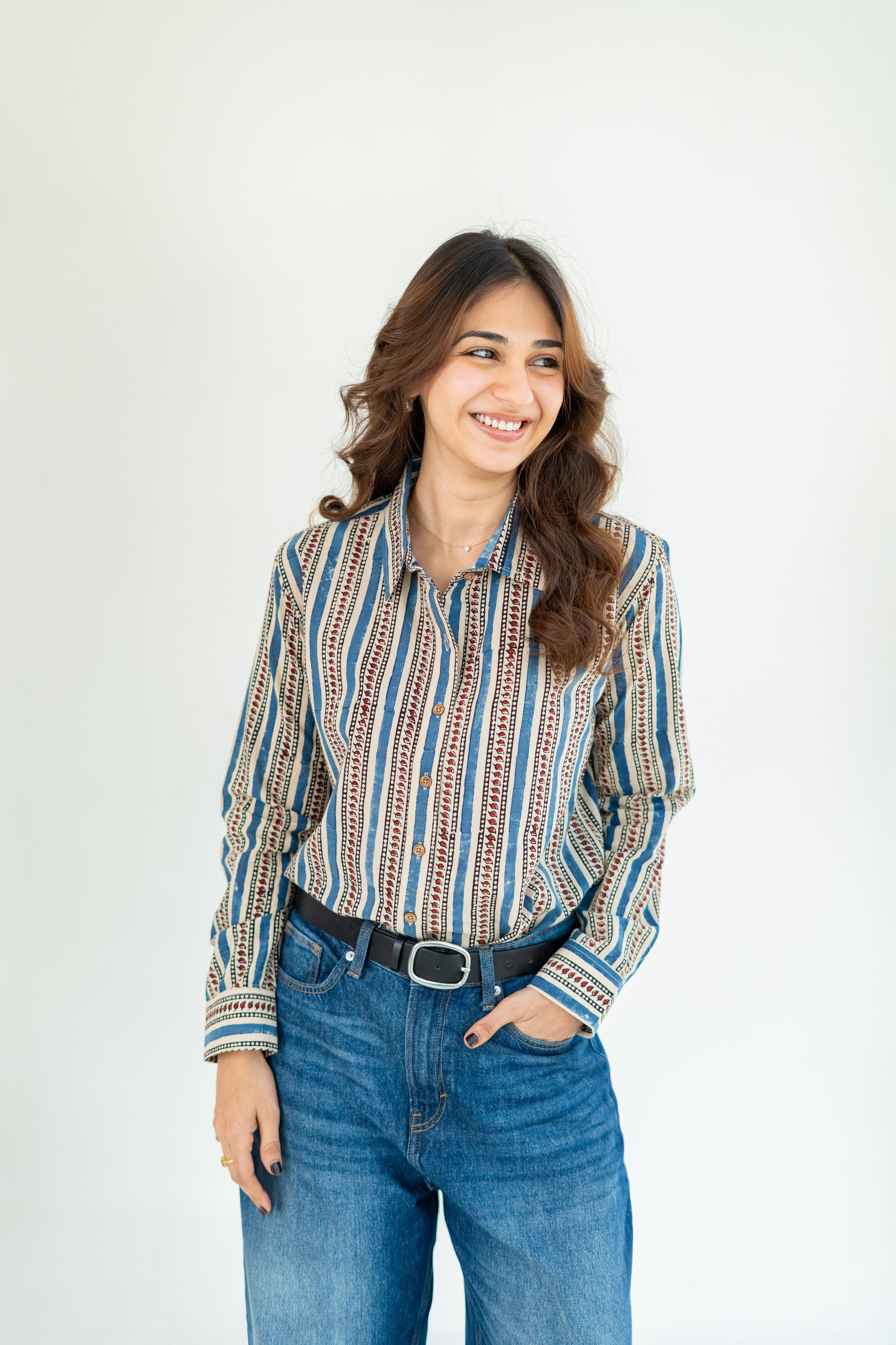 Ajrakh Motif Stripe Handblock Cotton Shirt