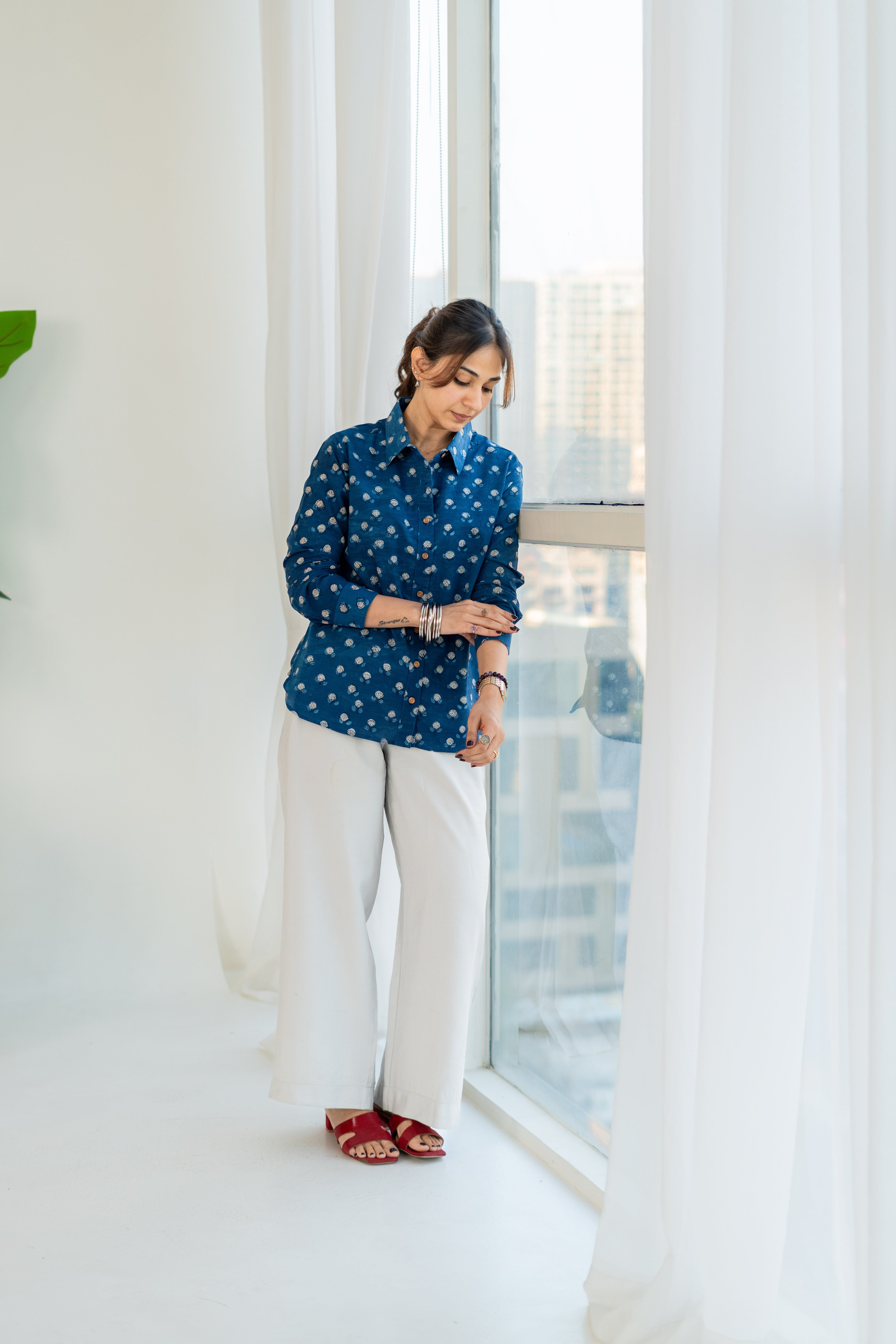 Blue Floral Handblock Cotton Shirt