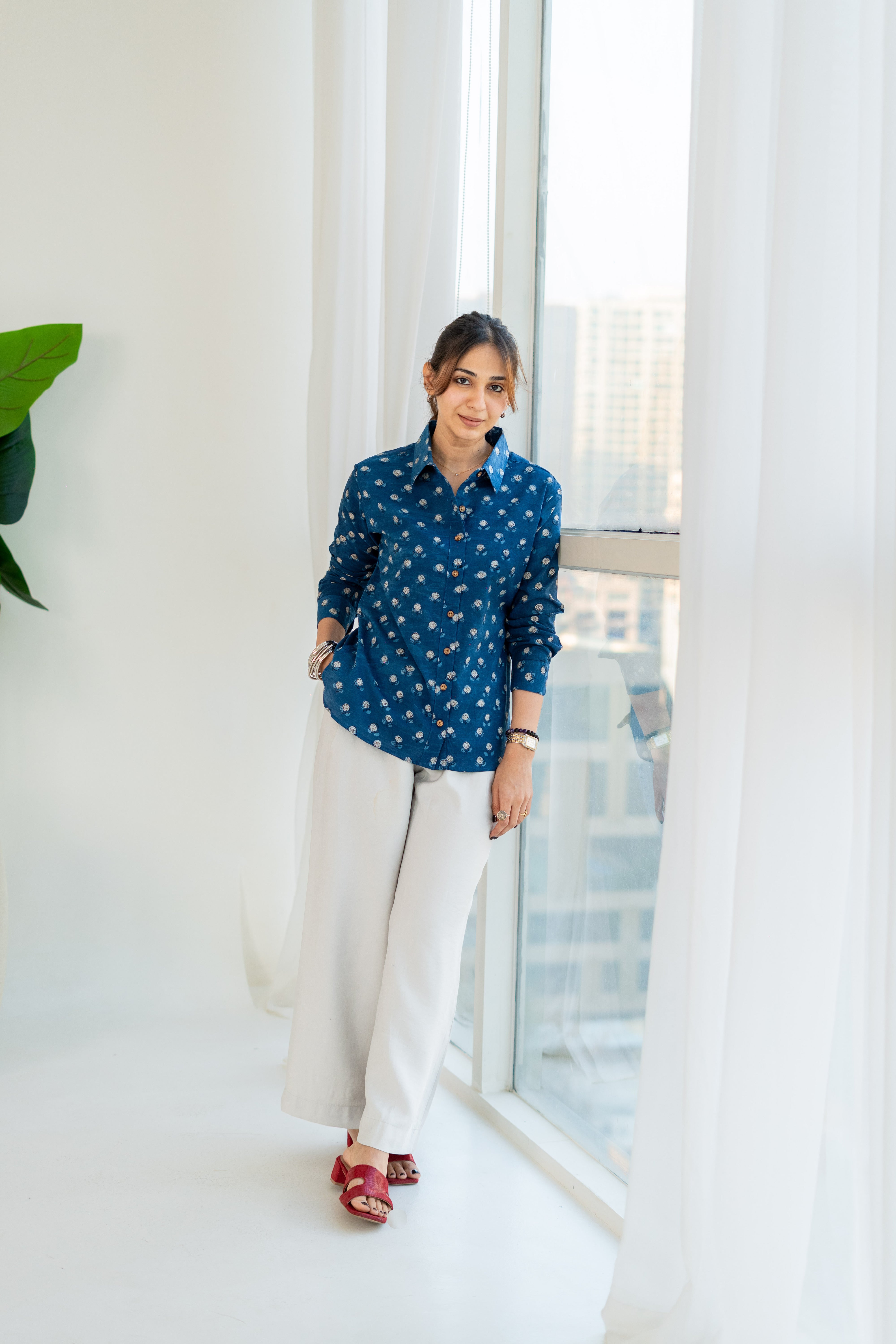 Blue Floral Handblock Cotton Shirt