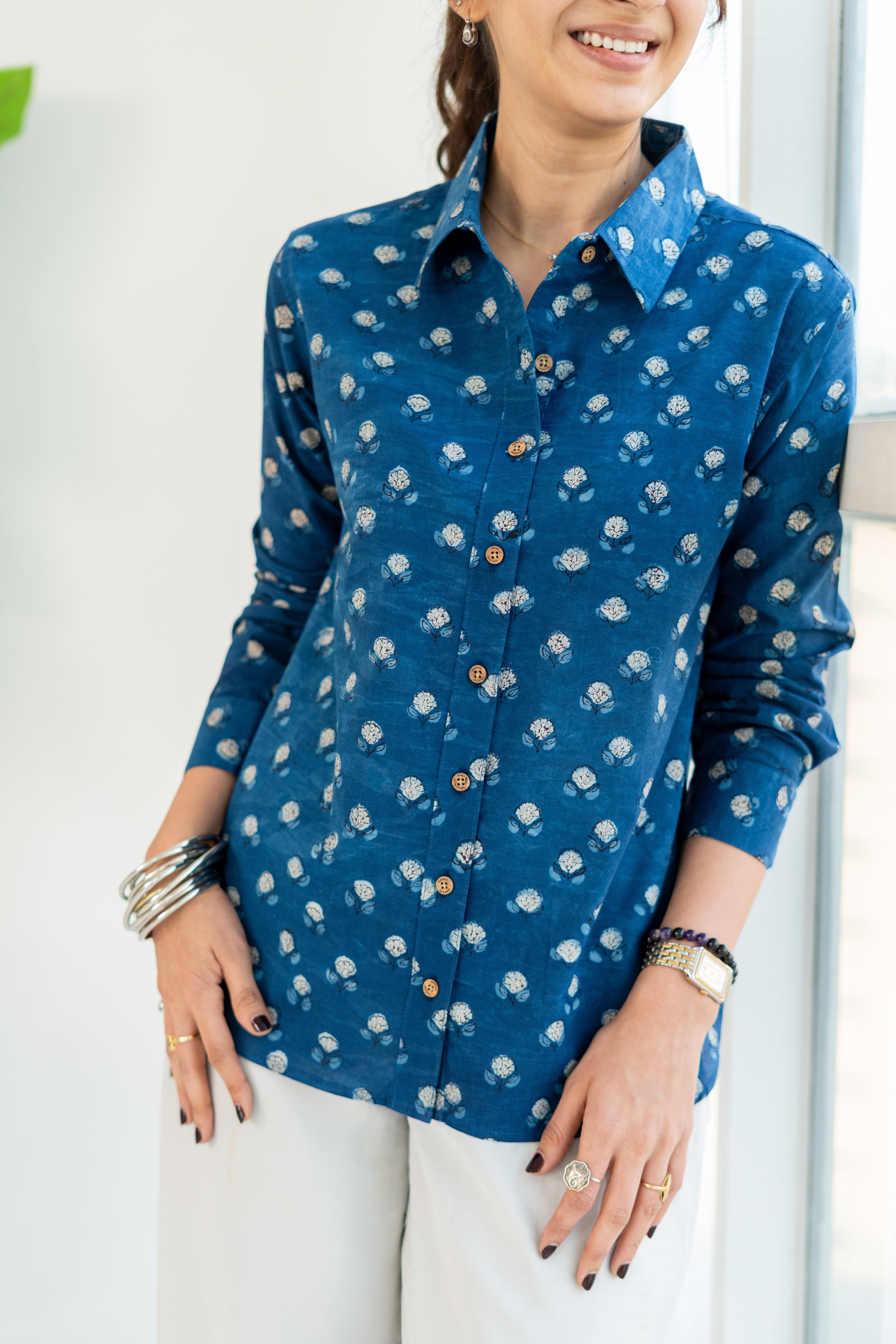Blue Floral Handblock Cotton Shirt