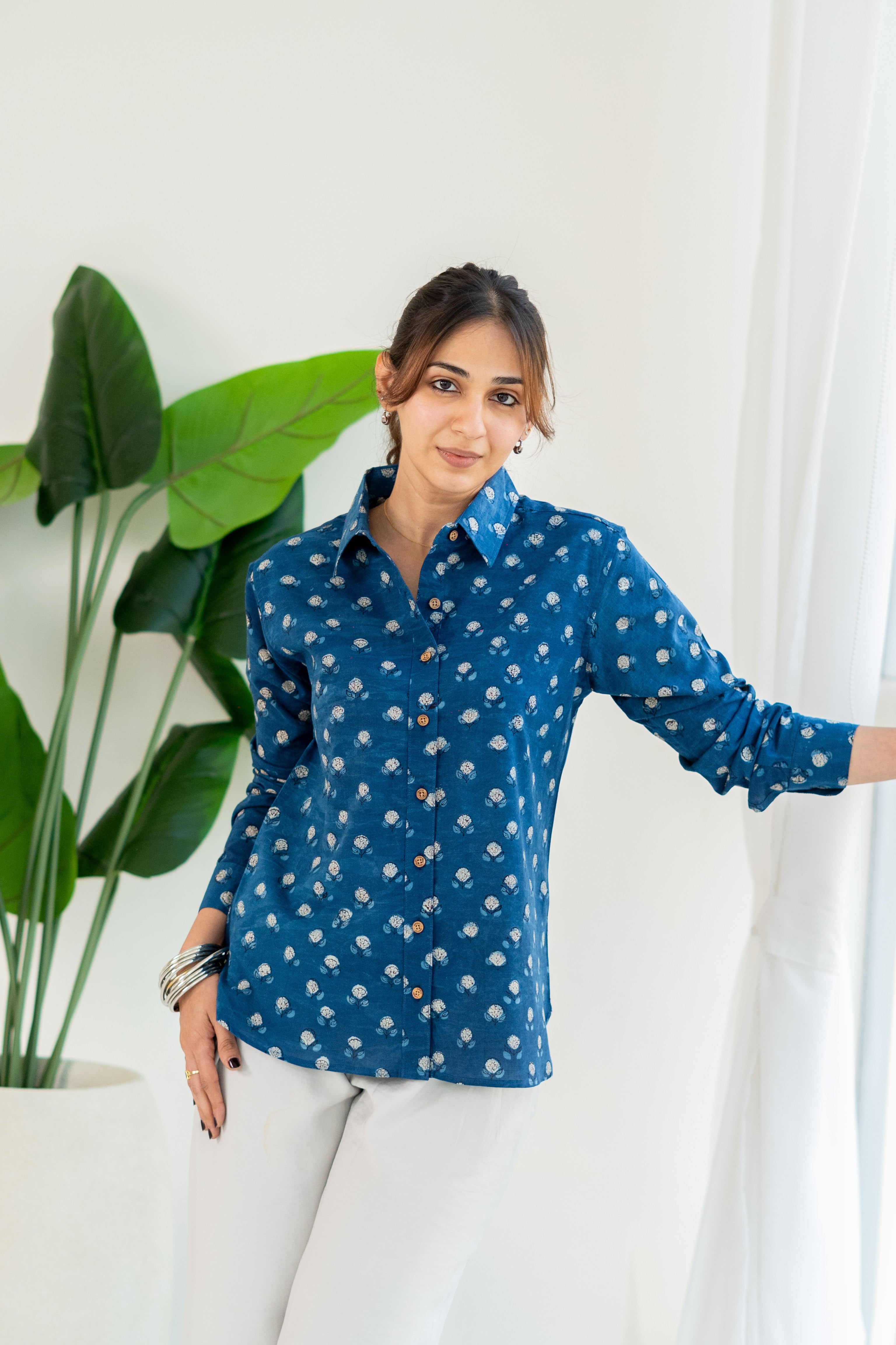 Blue Floral Handblock Cotton Shirt