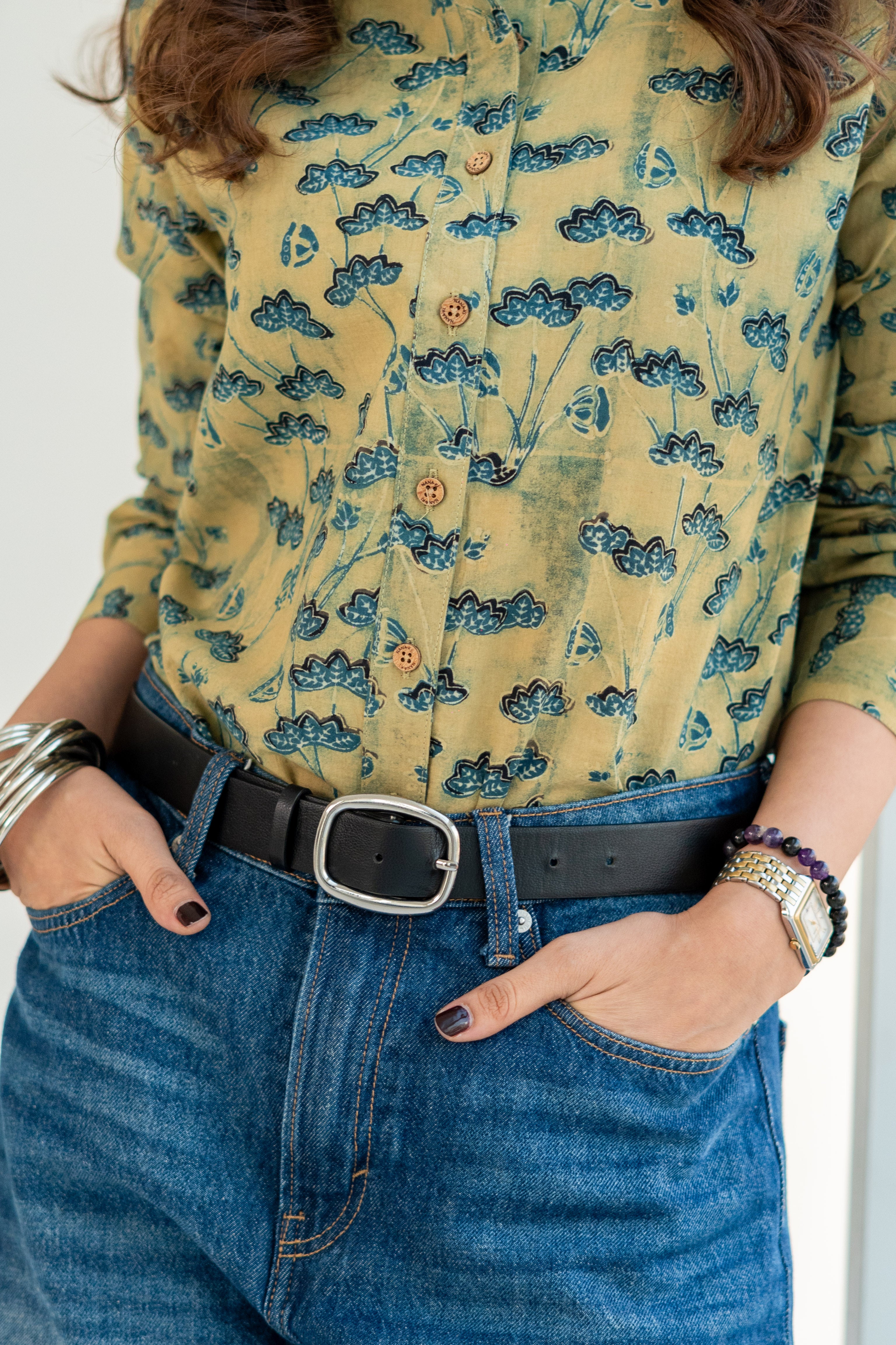 Ajrakh Green Floral Handblock Cotton Shirt