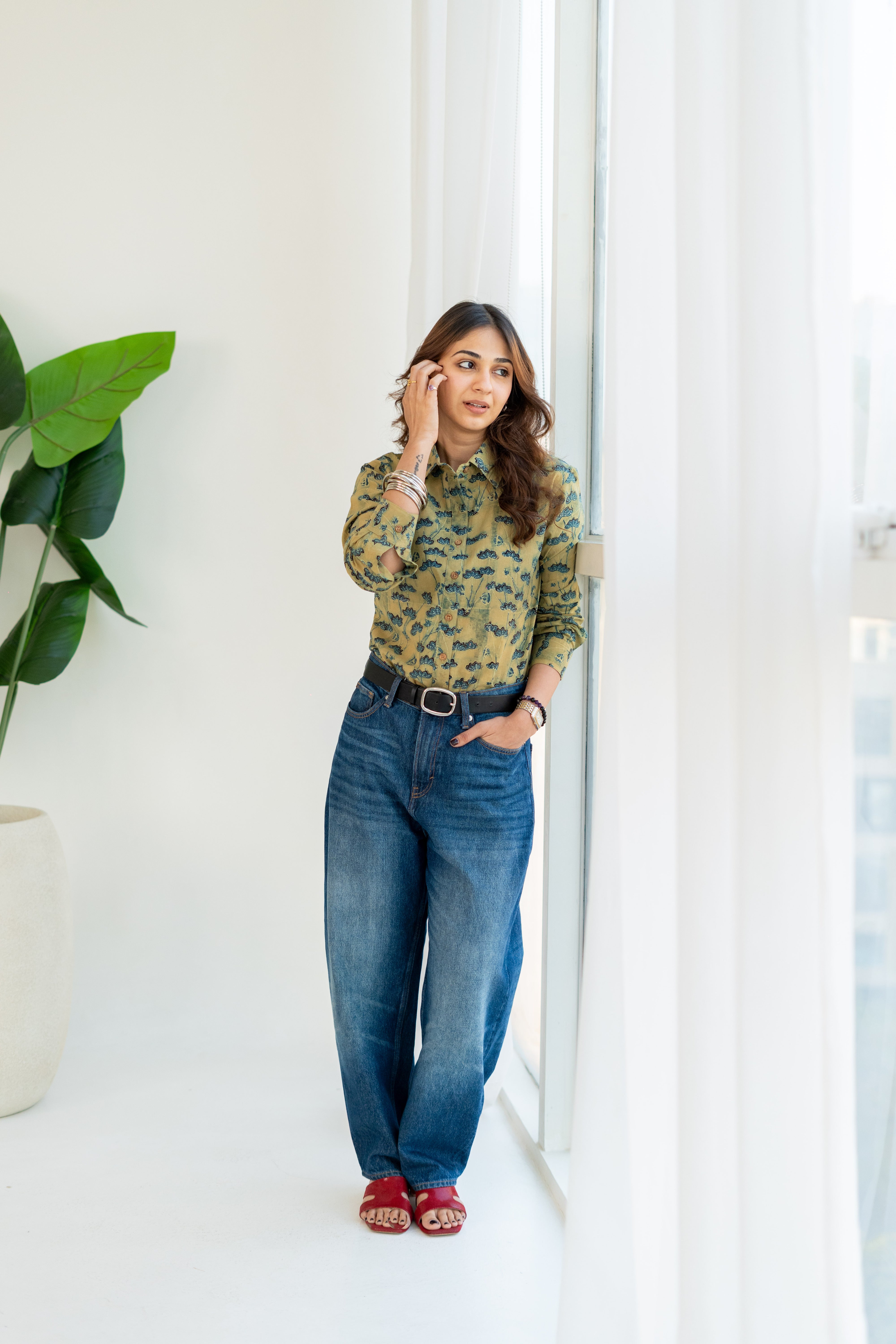 Ajrakh Green Floral Handblock Cotton Shirt