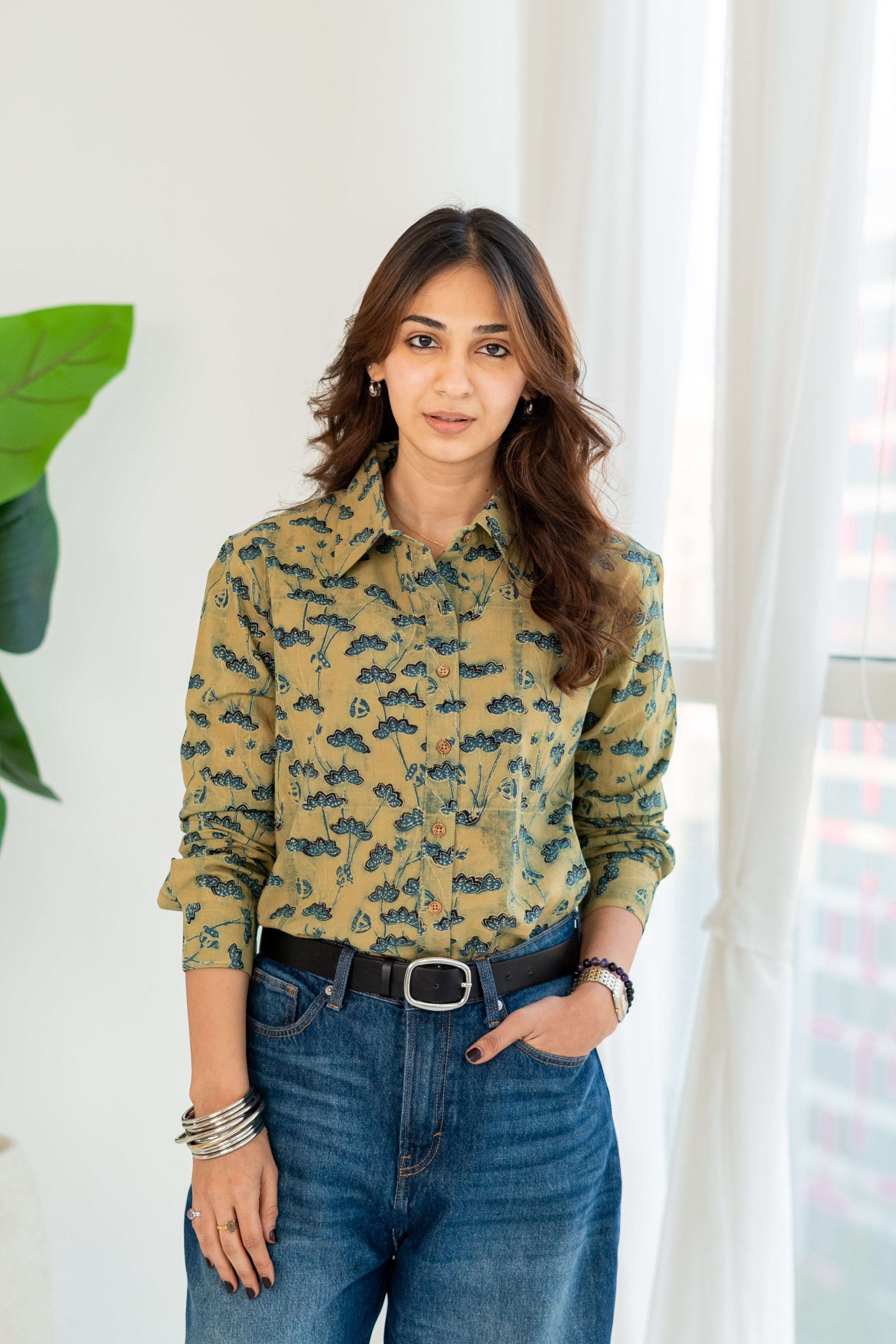 Ajrakh Green Floral Handblock Cotton Shirt