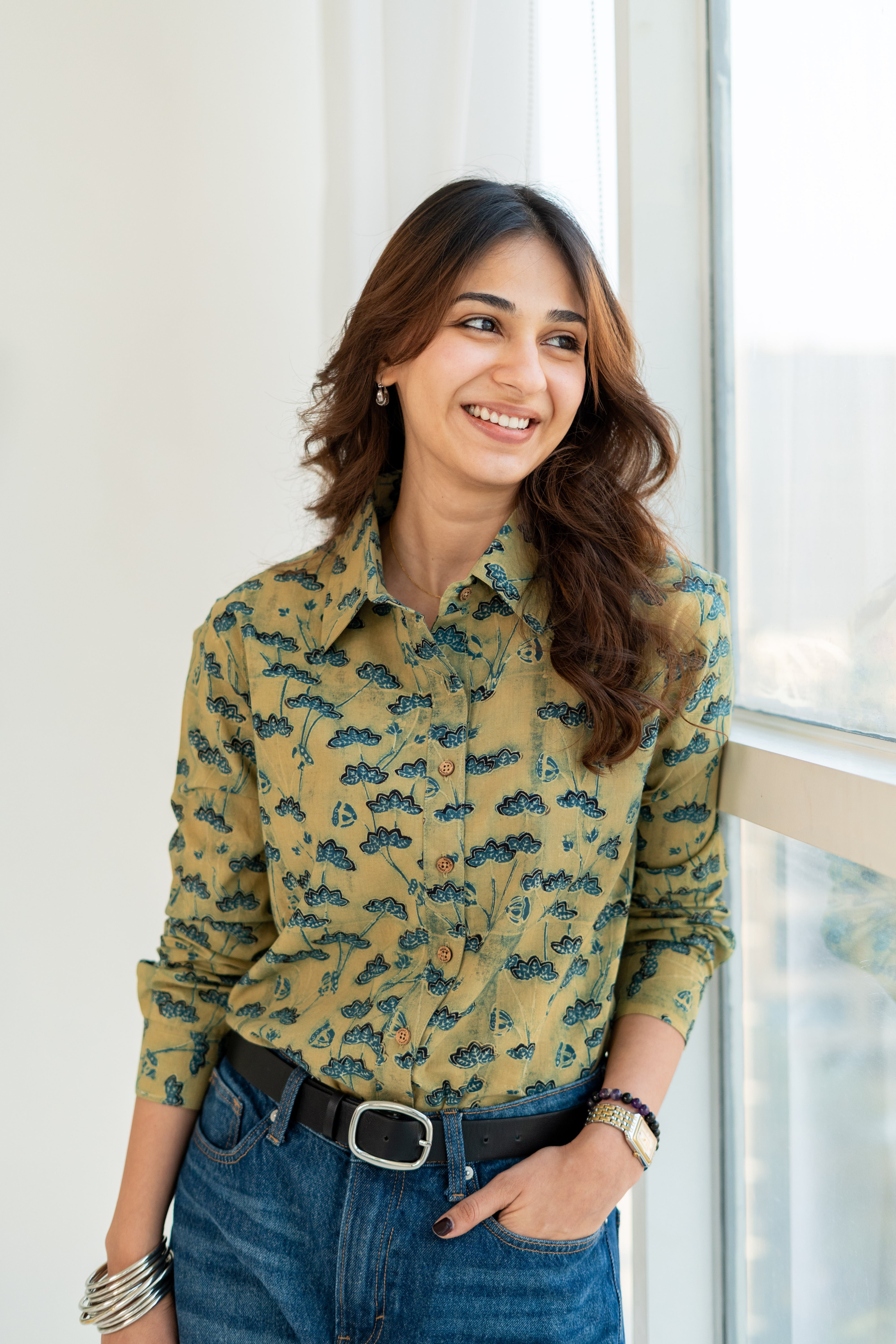 Ajrakh Green Floral Handblock Cotton Shirt