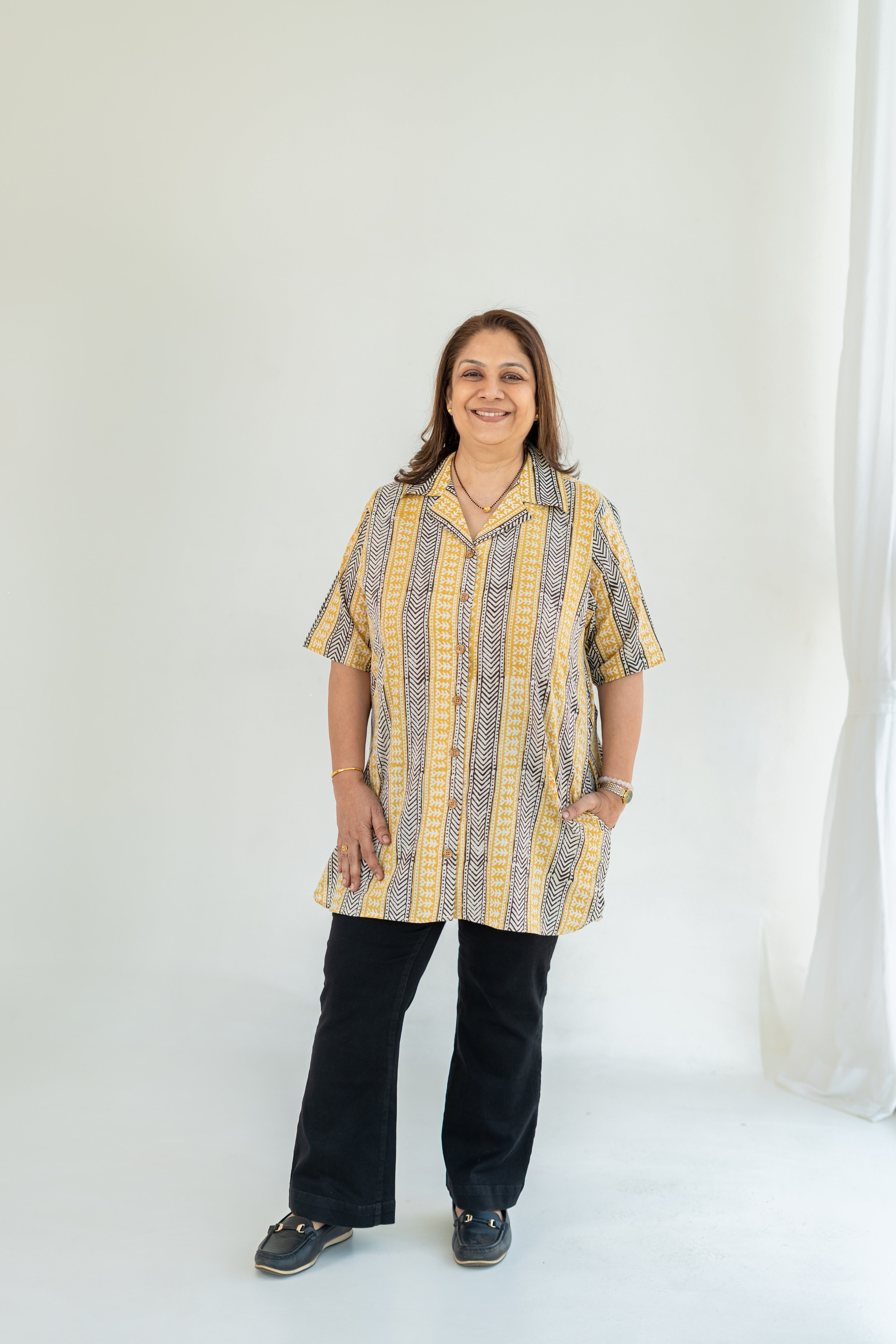 Ajrakh Yellow Stripe Handblock Cotton Shirt Kurti