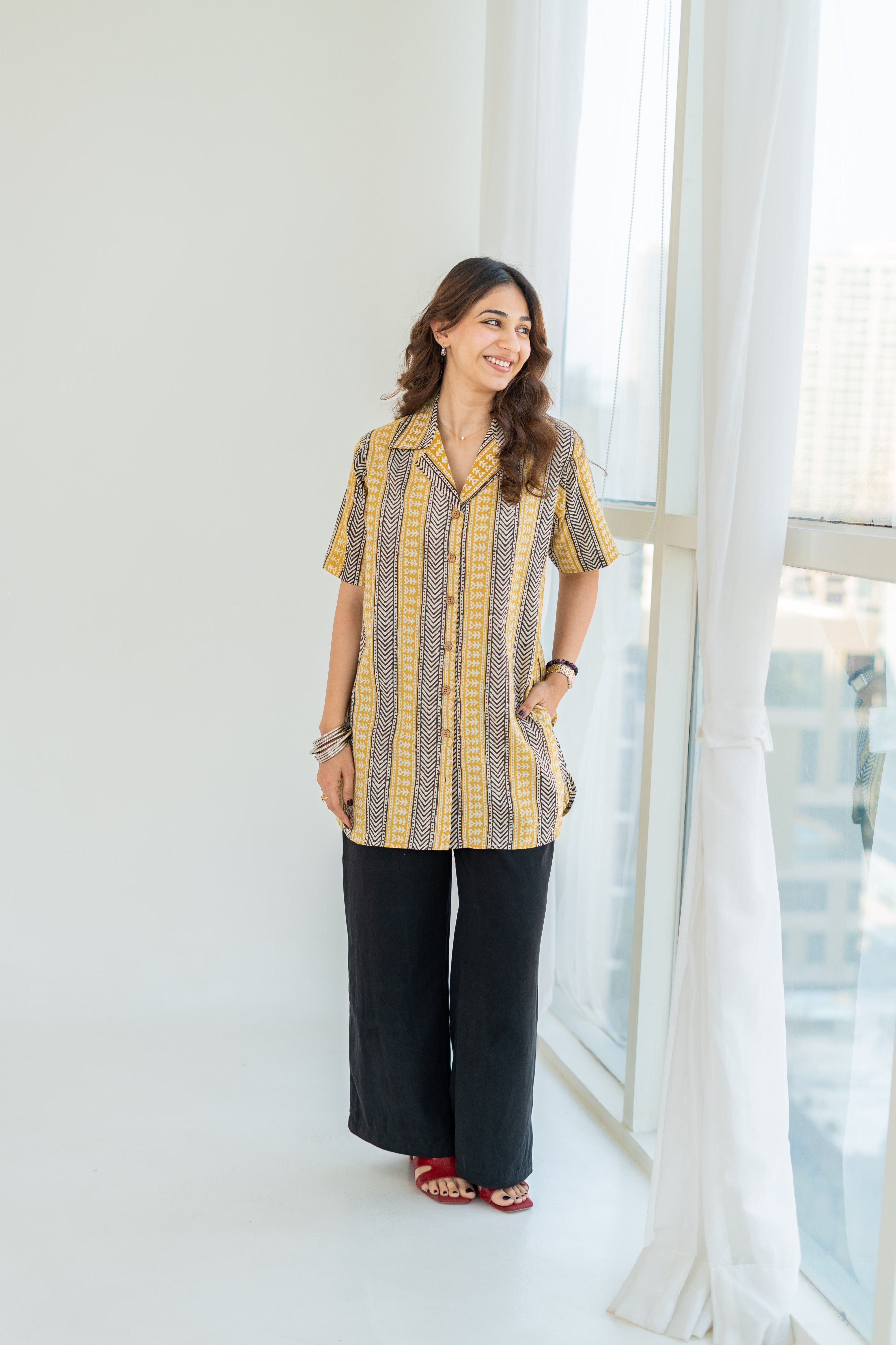 Ajrakh Yellow Stripe Handblock Cotton Shirt Kurti