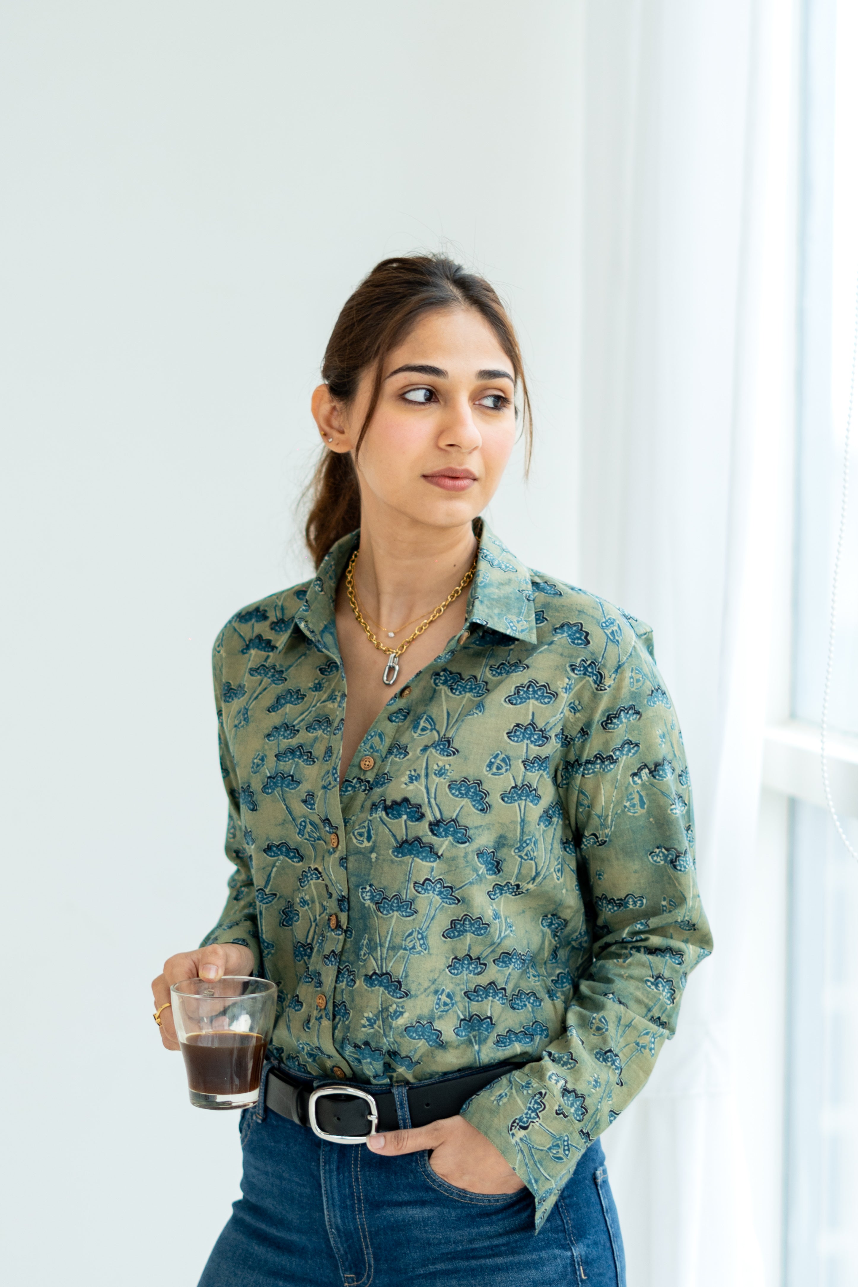 Ajrakh Green Floral Handblock Cotton Shirt