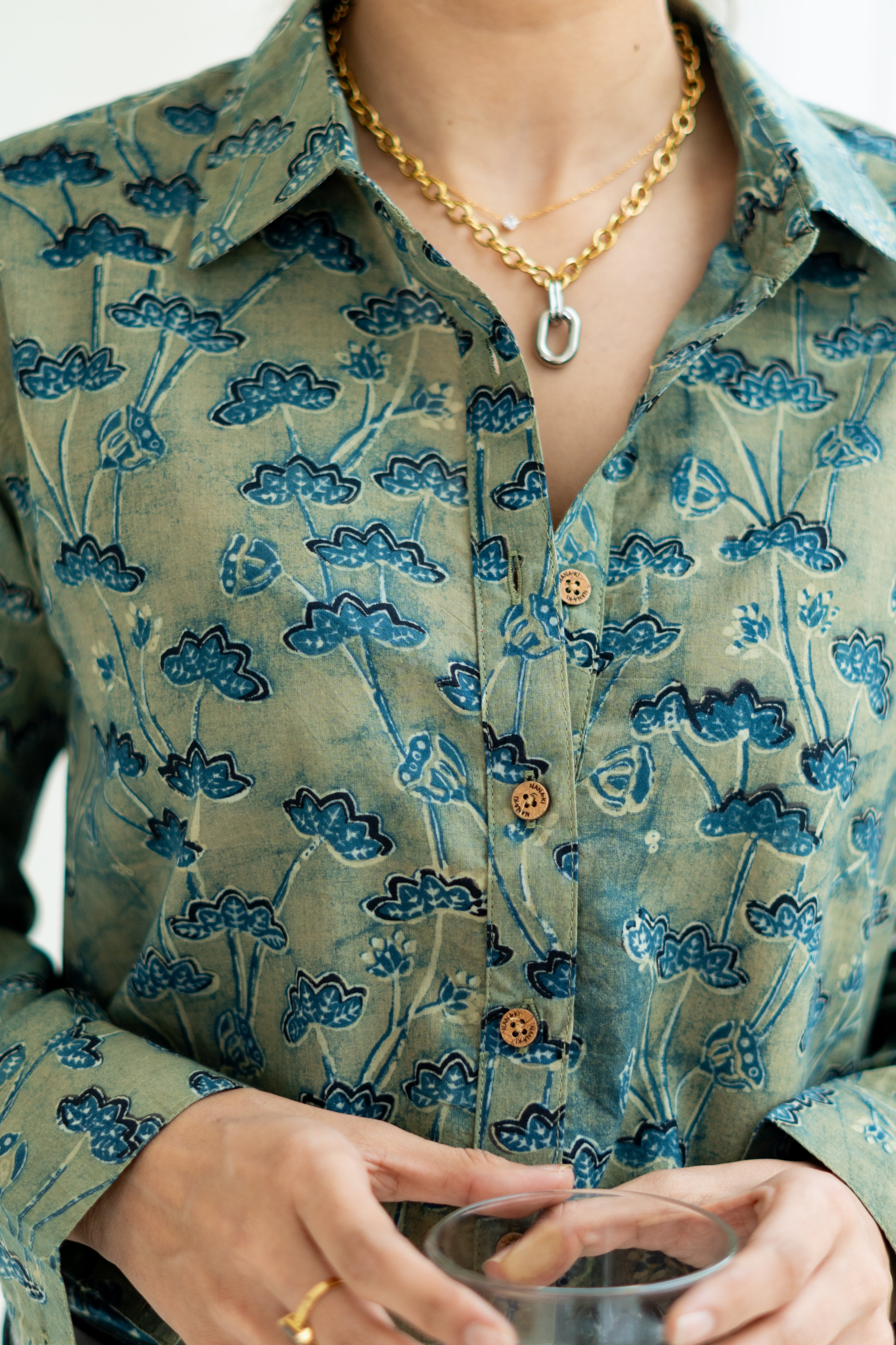 Ajrakh Green Floral Handblock Cotton Shirt