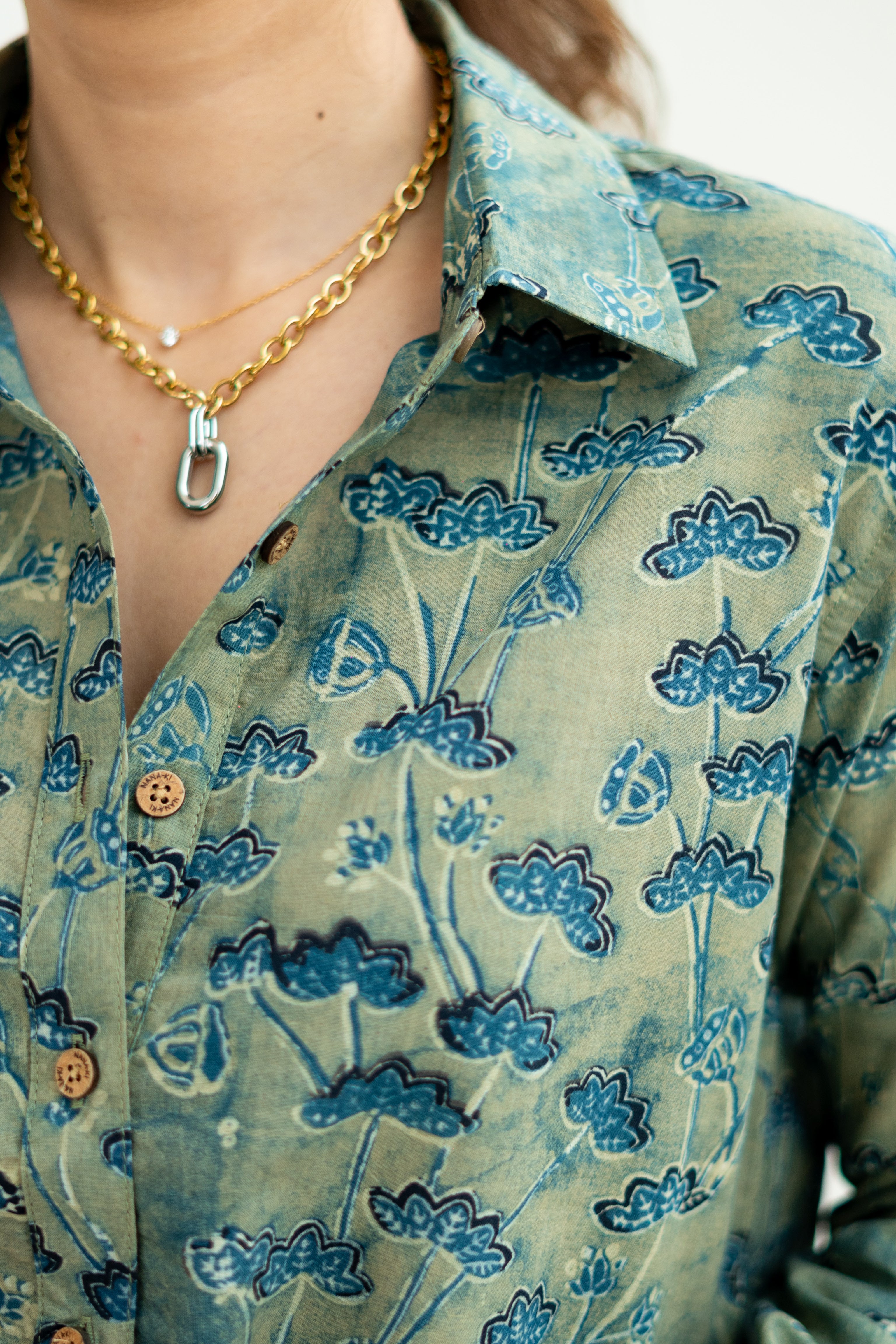 Ajrakh Green Floral Handblock Cotton Shirt