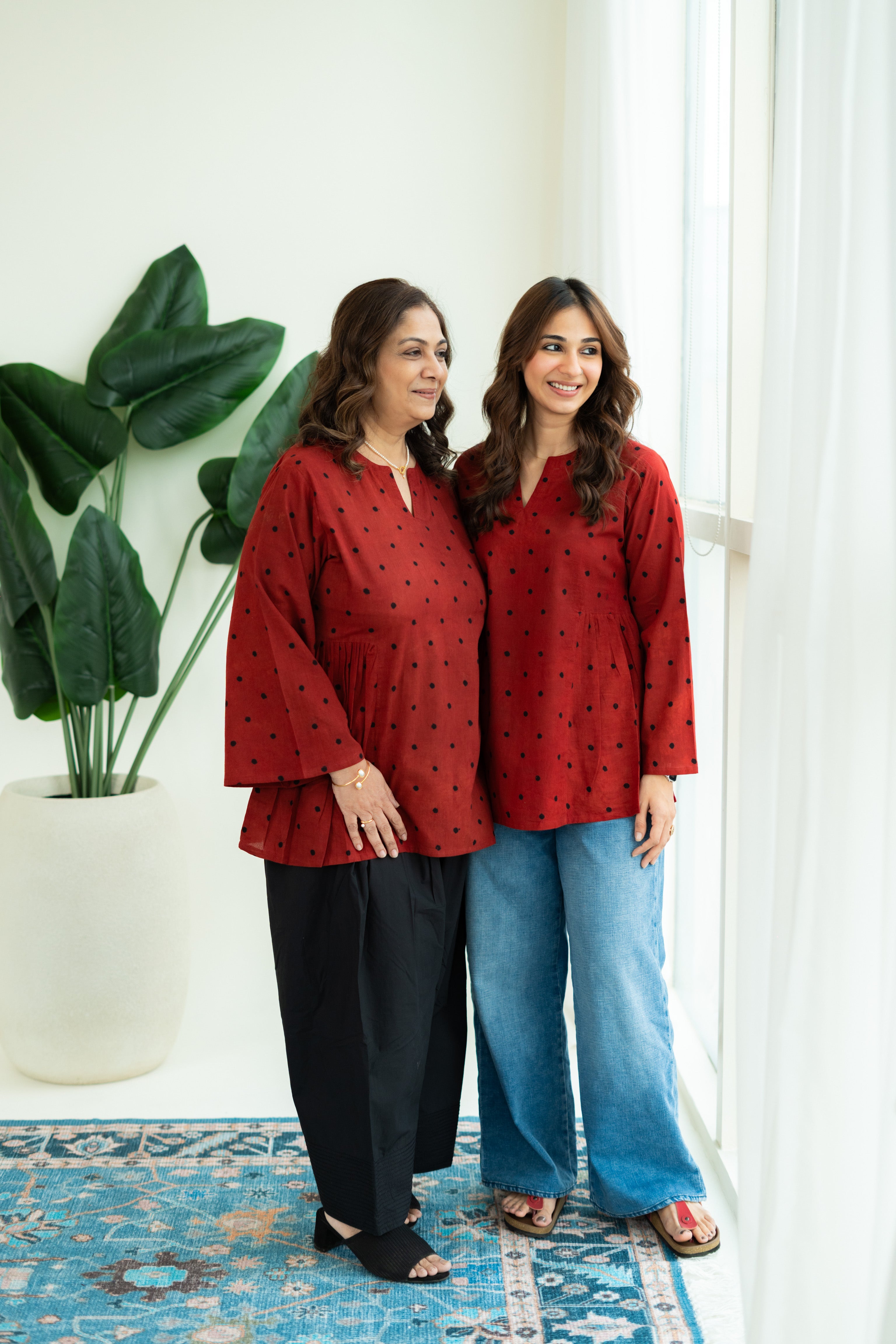 Red Polka Ajrakh Bell Sleeves Cotton Short Top