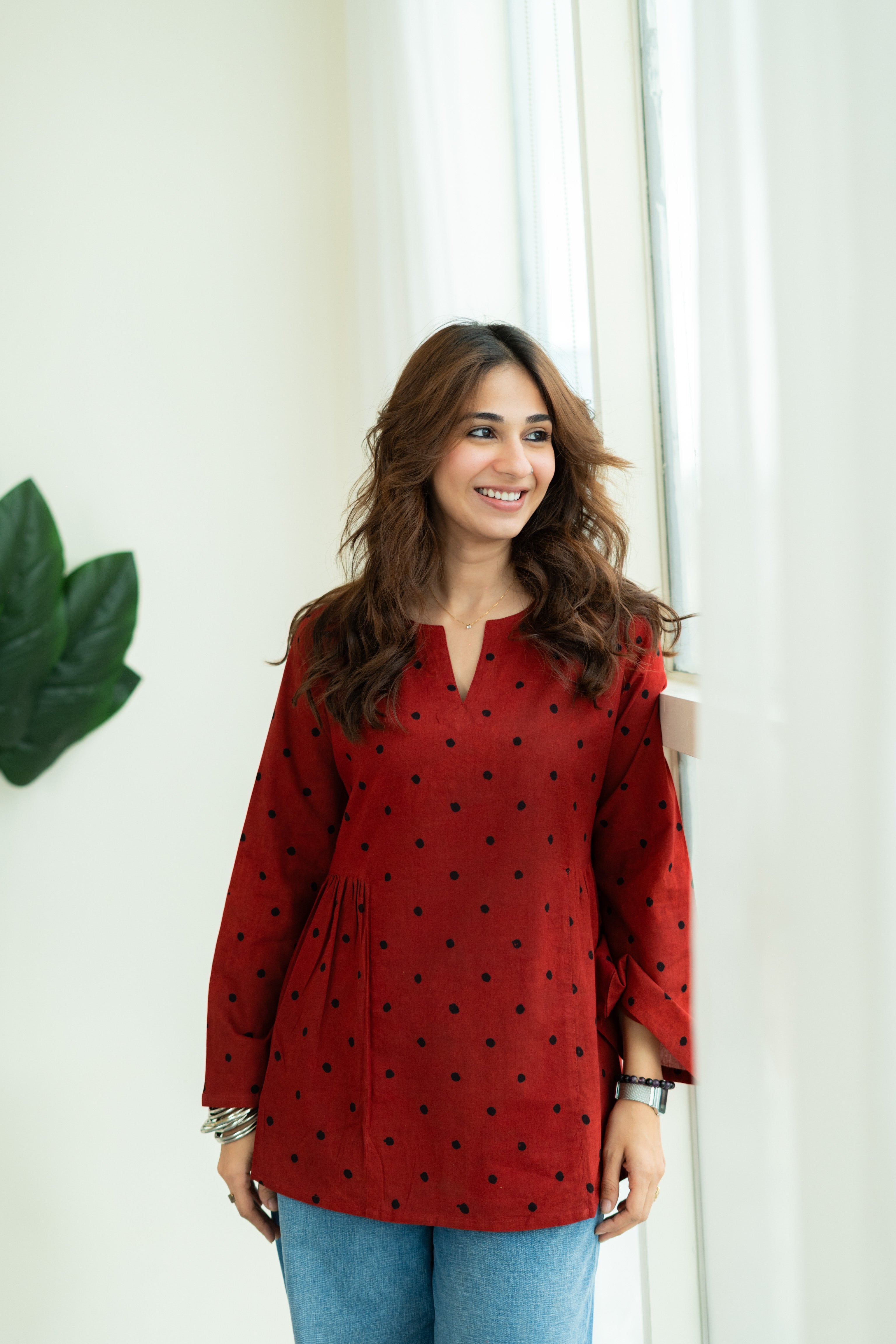Red Polka Ajrakh Bell Sleeves Cotton Short Top