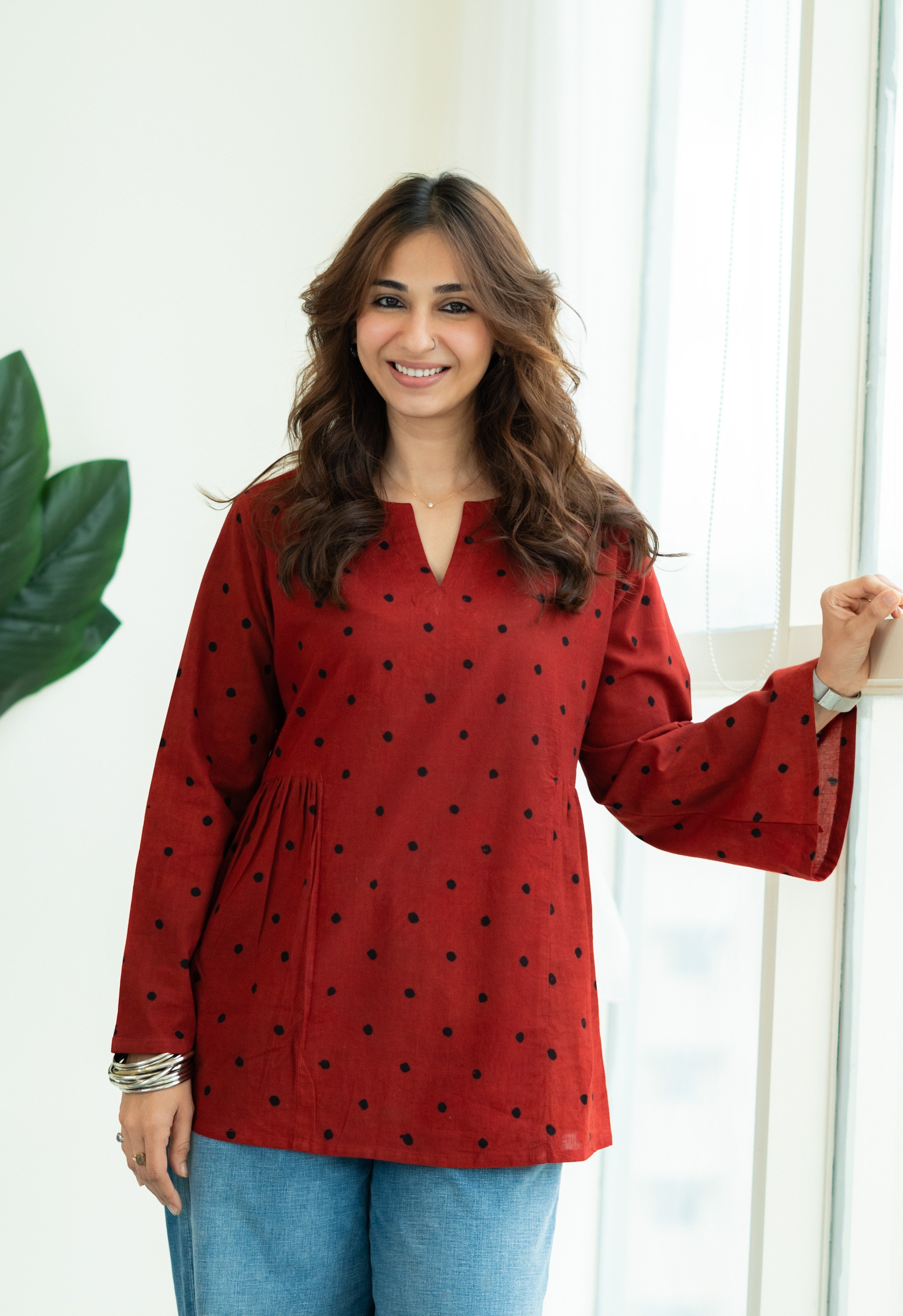 Red Polka Ajrakh Bell Sleeves Cotton Short Top