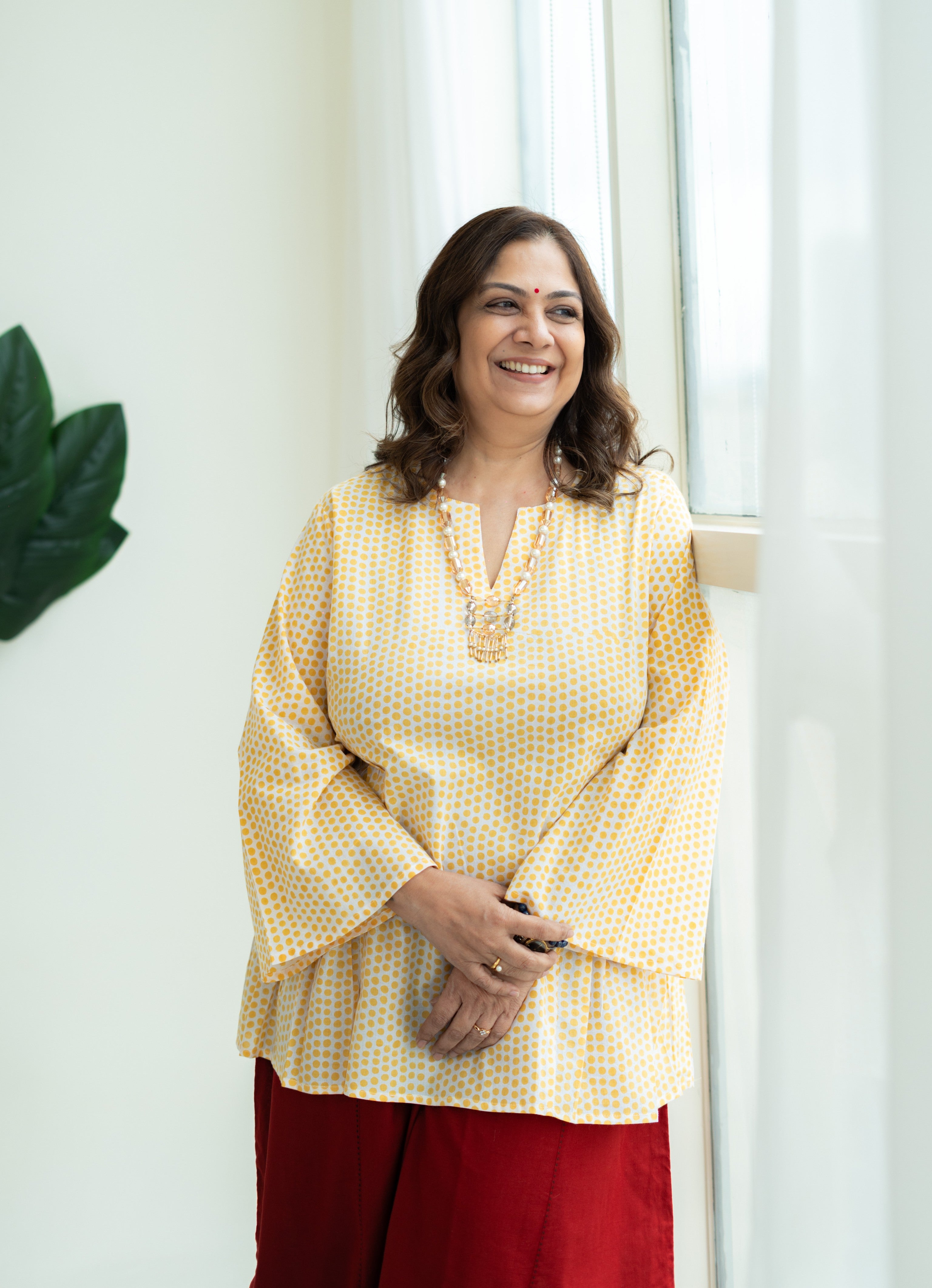 Yellow Polka Bell Sleeves Cotton Short Top