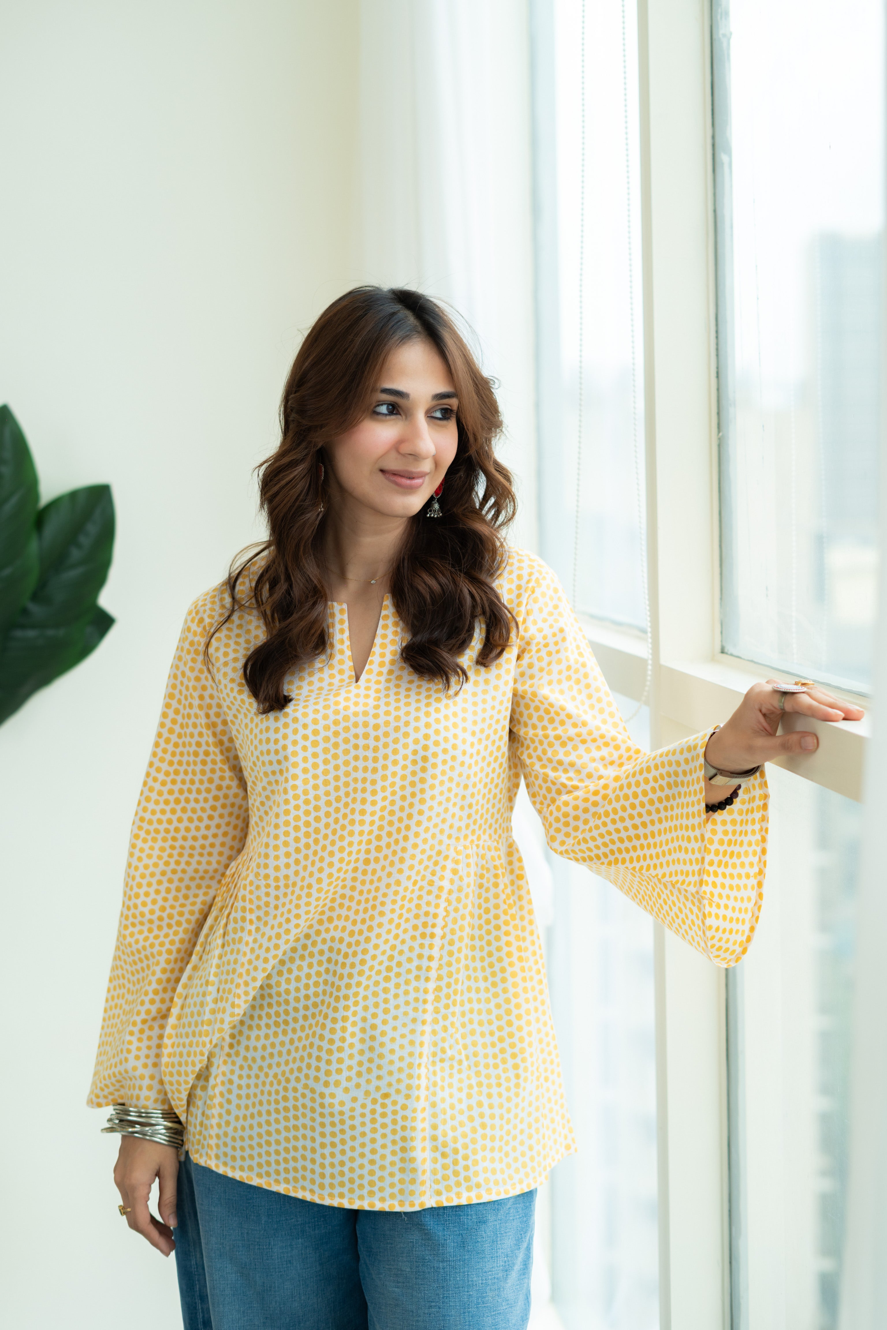 Yellow Polka Bell Sleeves Cotton Short Top