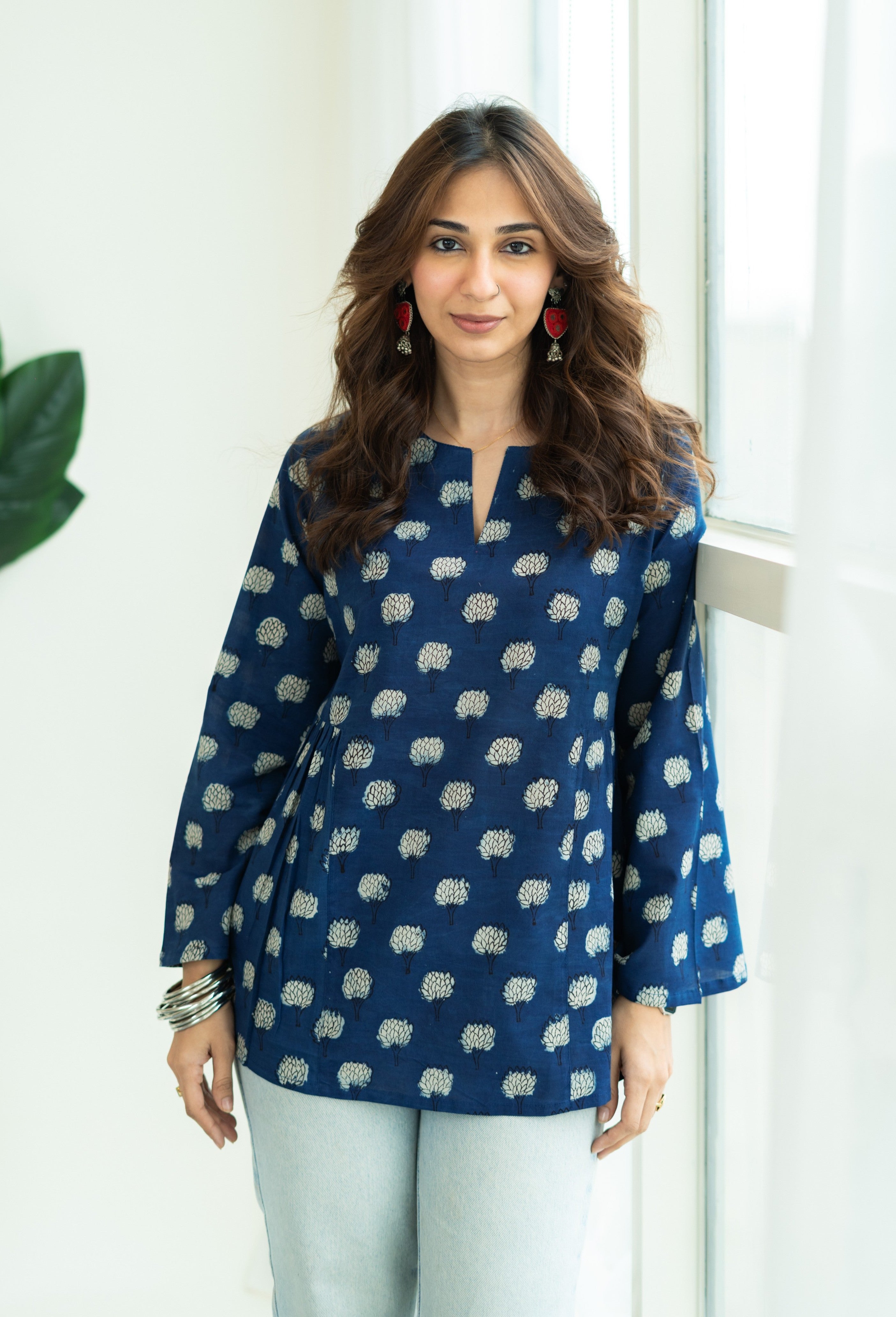 Indigo White Floral Bell Sleeves Cotton Short Top