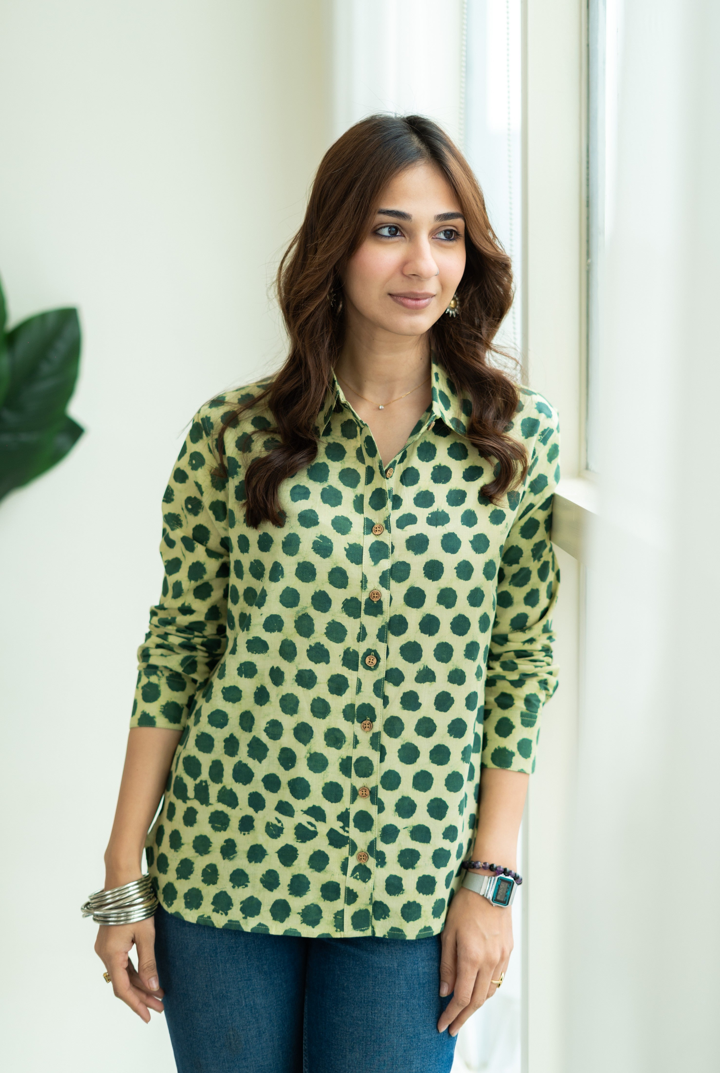 Green Polka Handblock Cotton Shirt