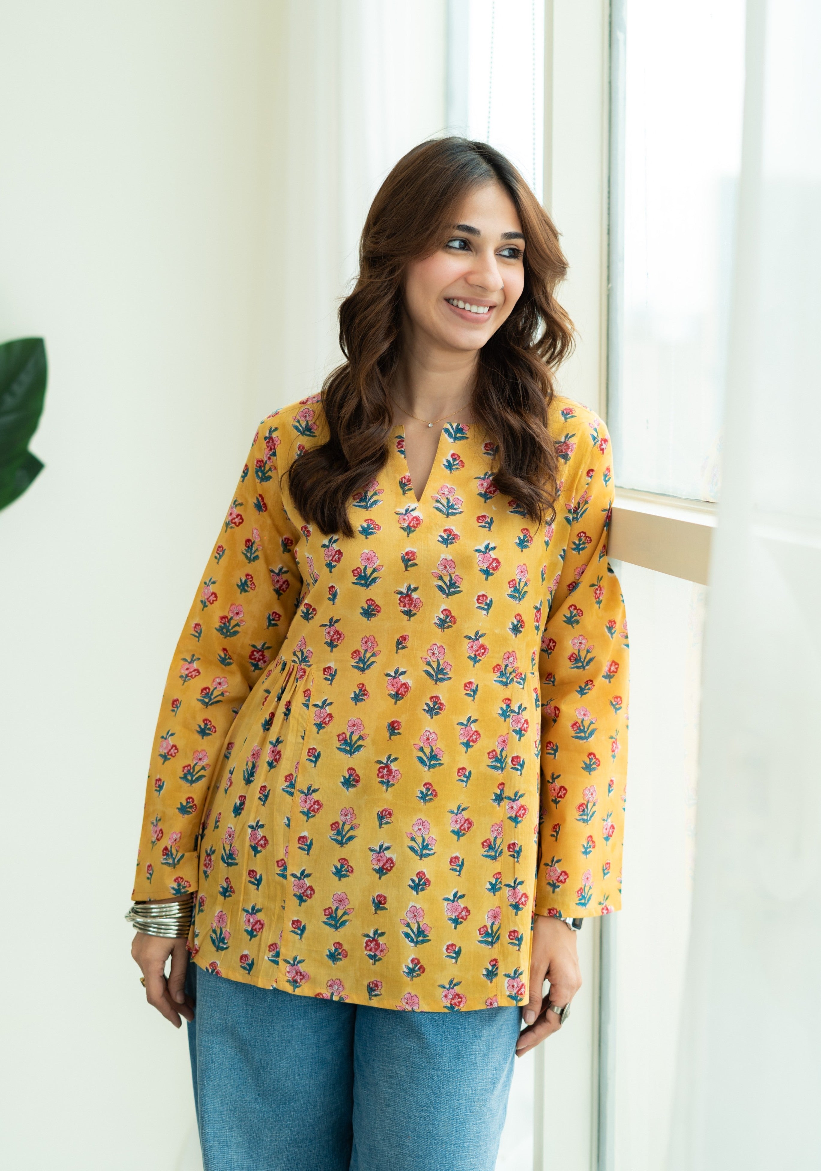 Mustard Pink Floral Bell Sleeves Cotton Short Top