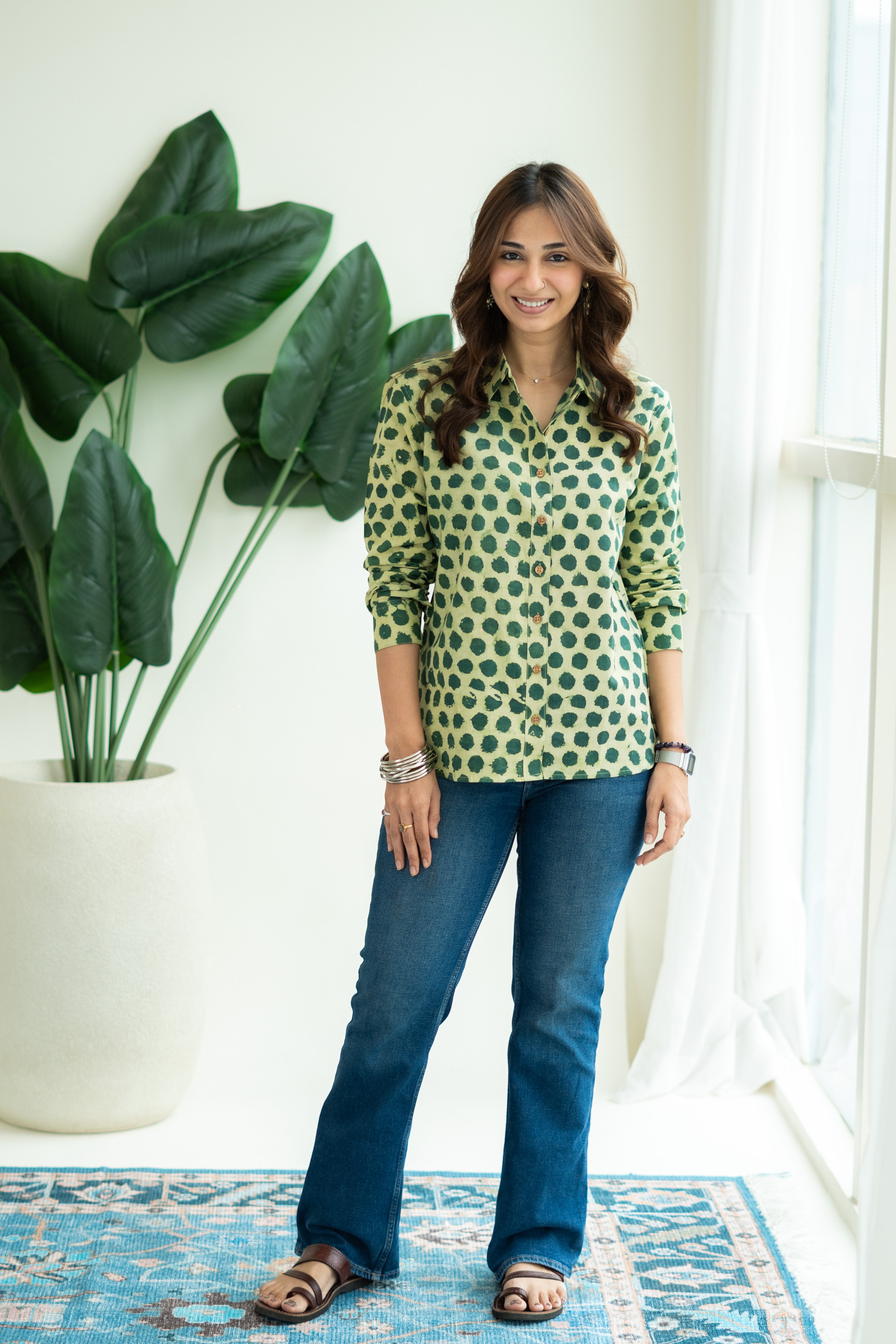 Green Polka Handblock Cotton Shirt