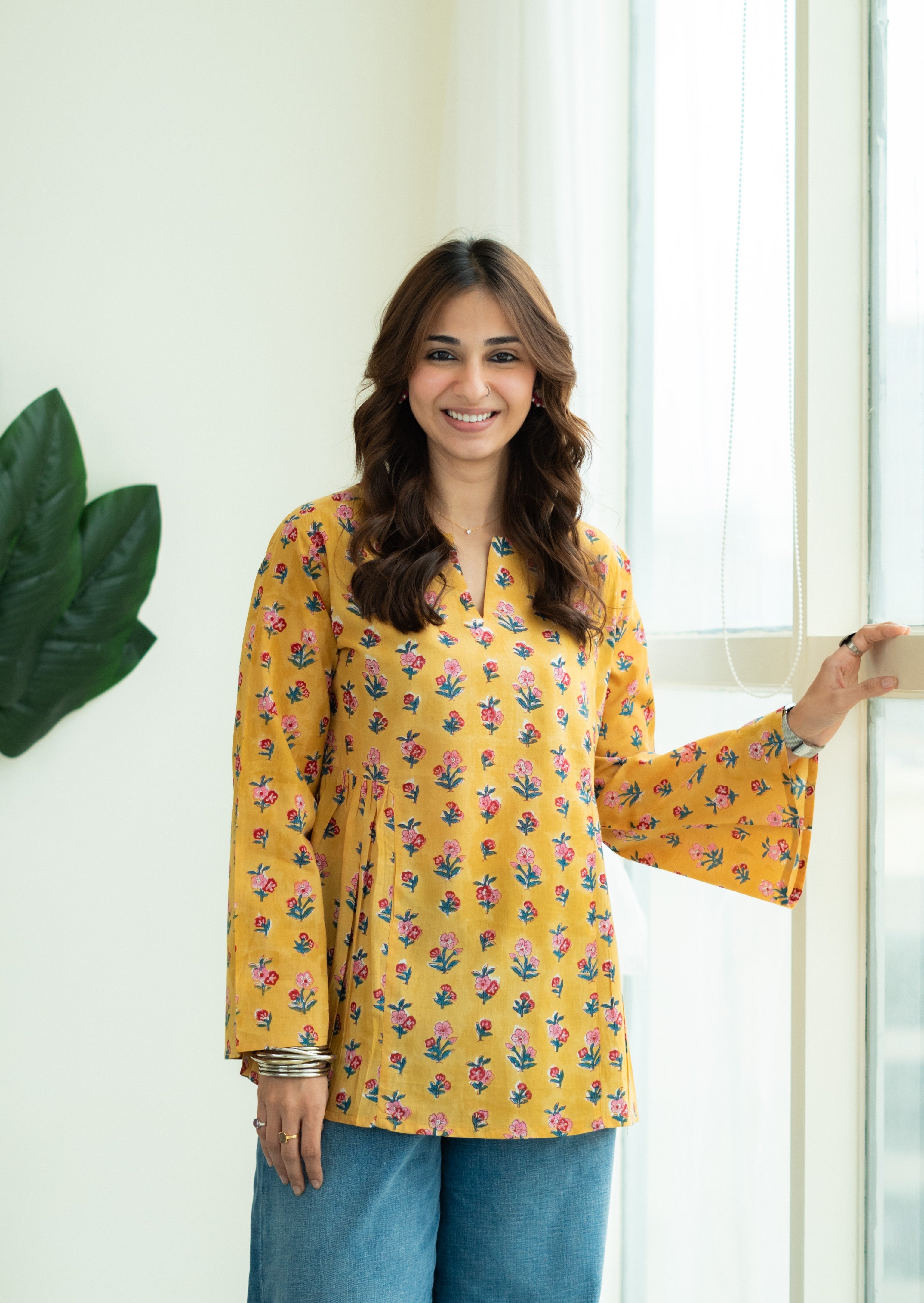 Mustard Pink Floral Bell Sleeves Cotton Short Top
