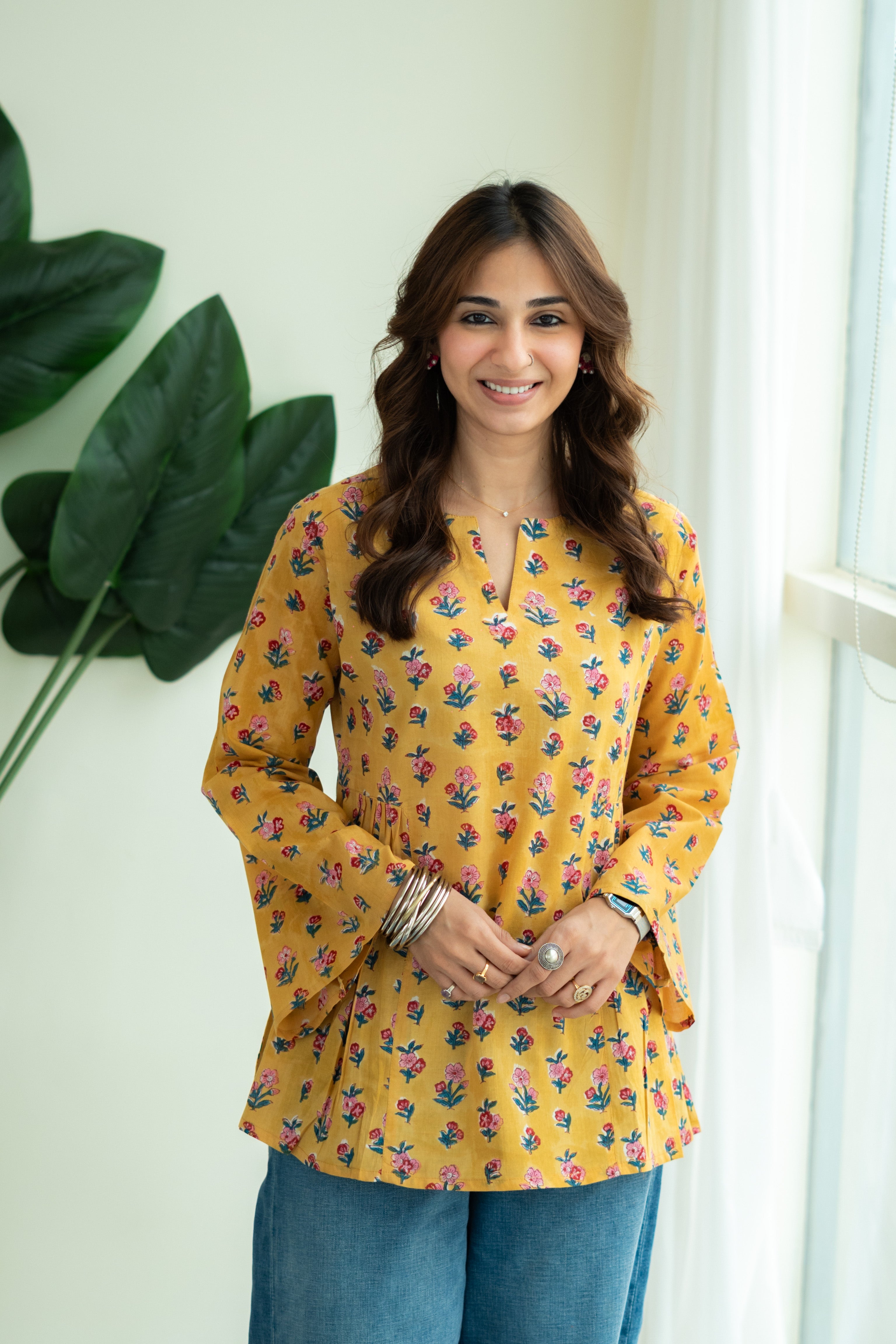Mustard Pink Floral Bell Sleeves Cotton Short Top