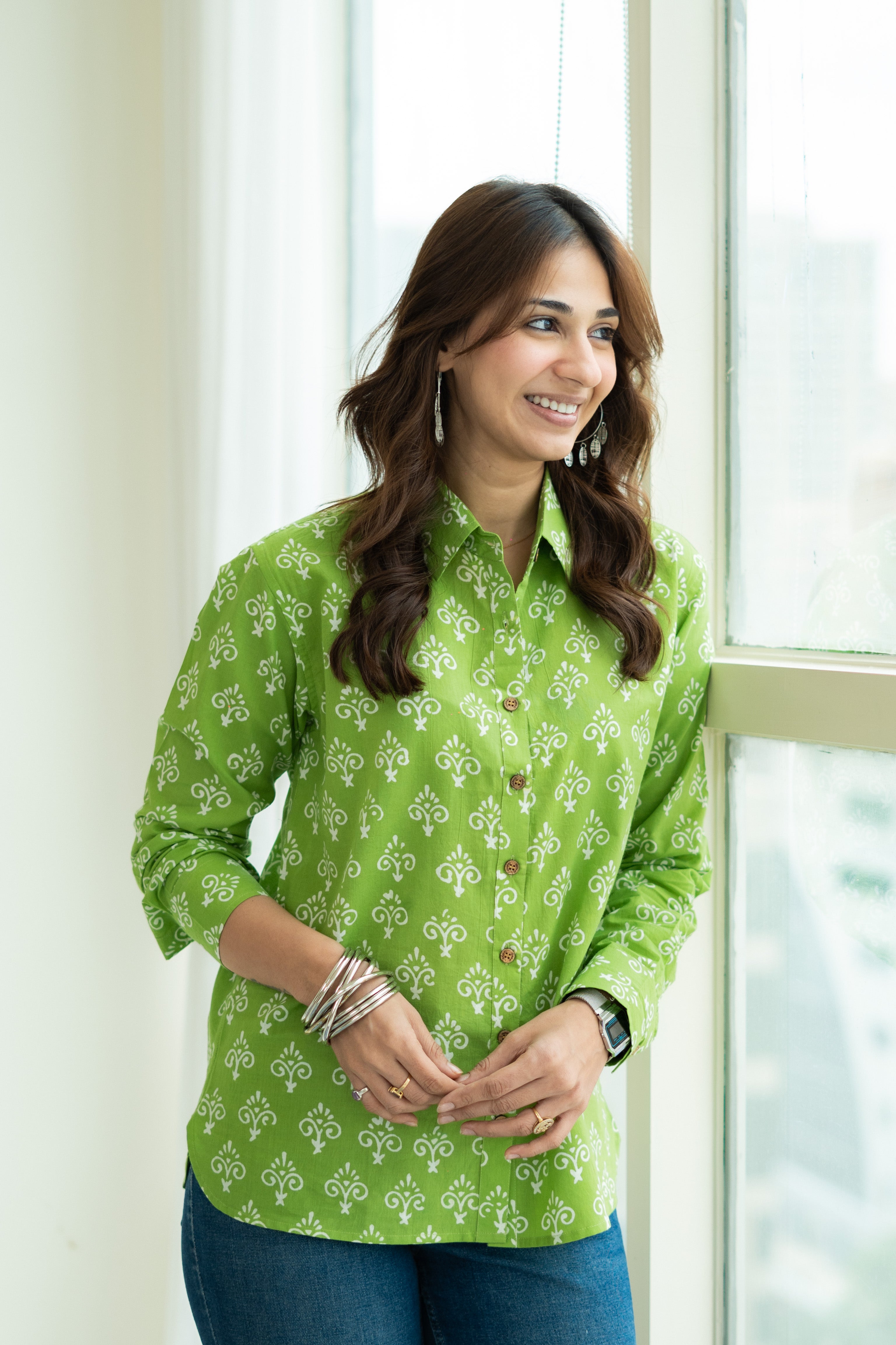 Parrot Green Floral Handblock Cotton Shirt