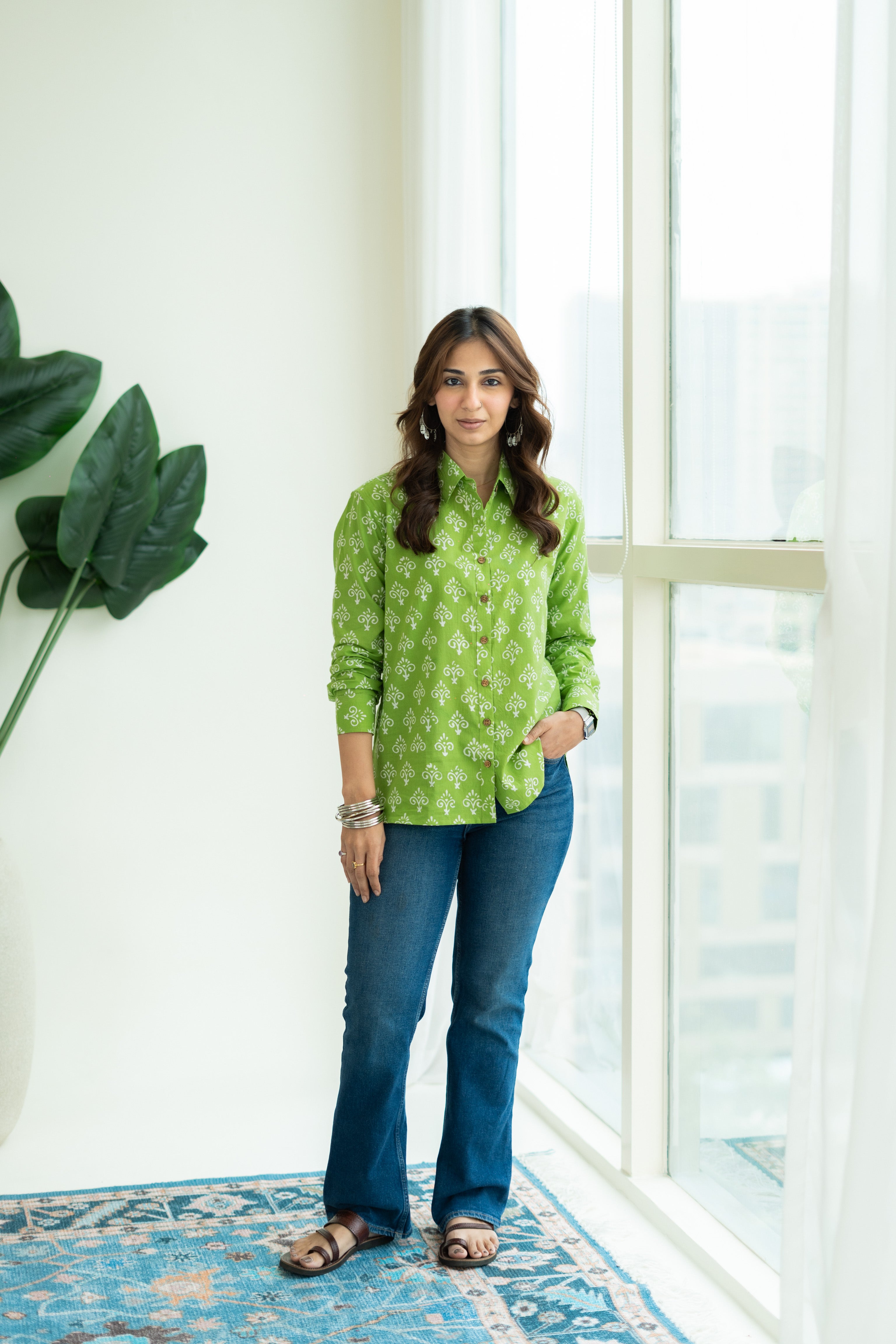 Parrot Green Floral Handblock Cotton Shirt