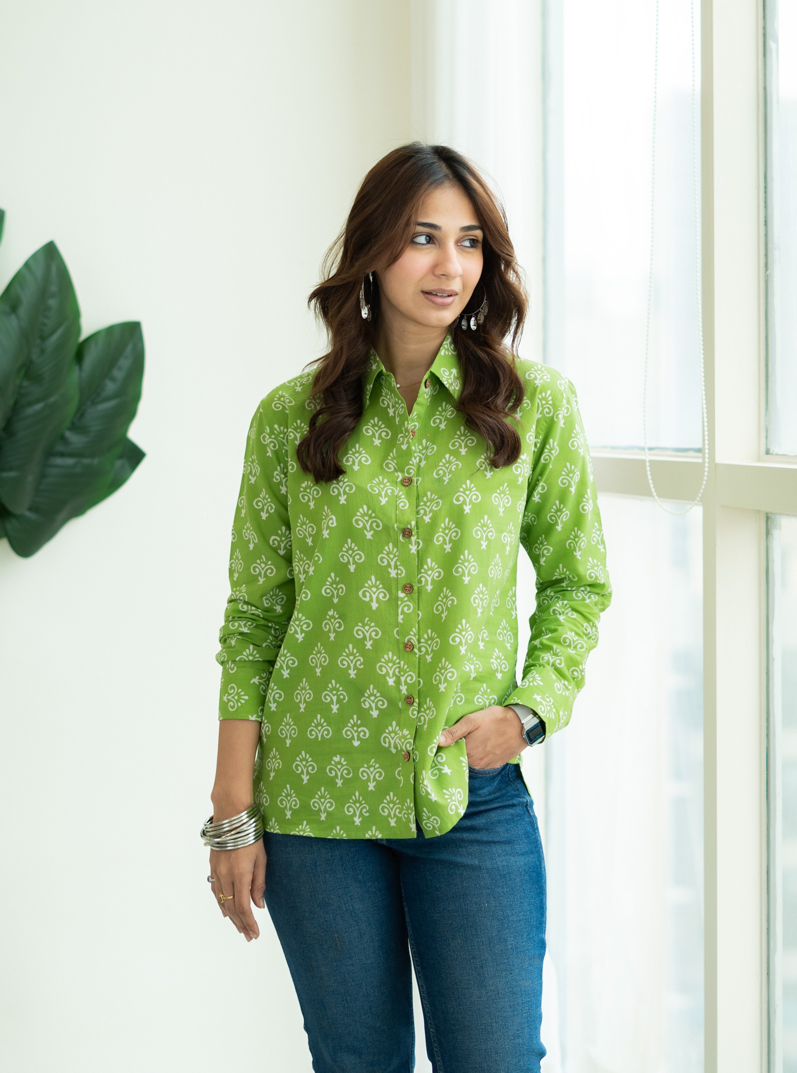 Parrot Green Floral Handblock Cotton Shirt