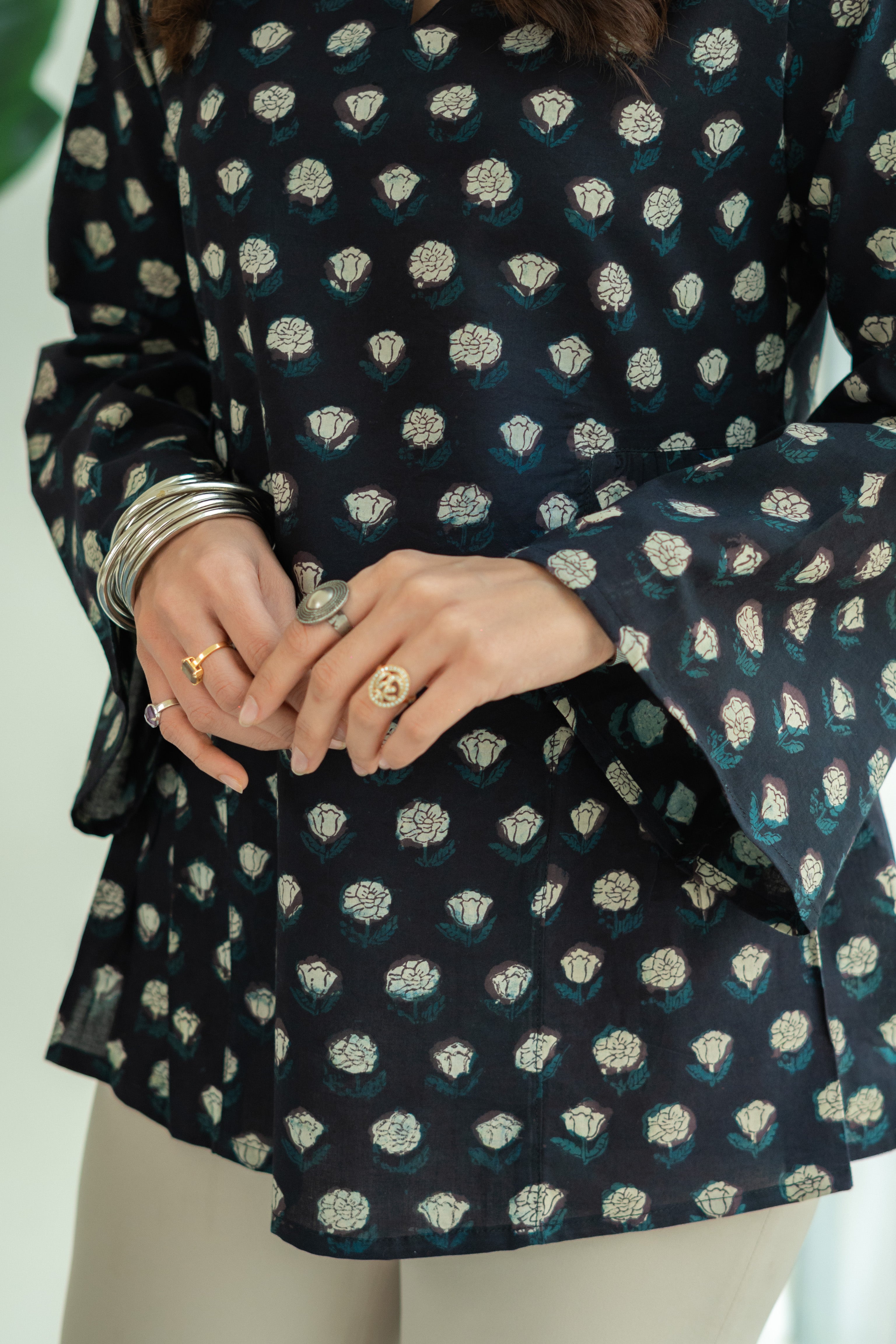 Black Floral Bell Sleeves Cotton Short Top