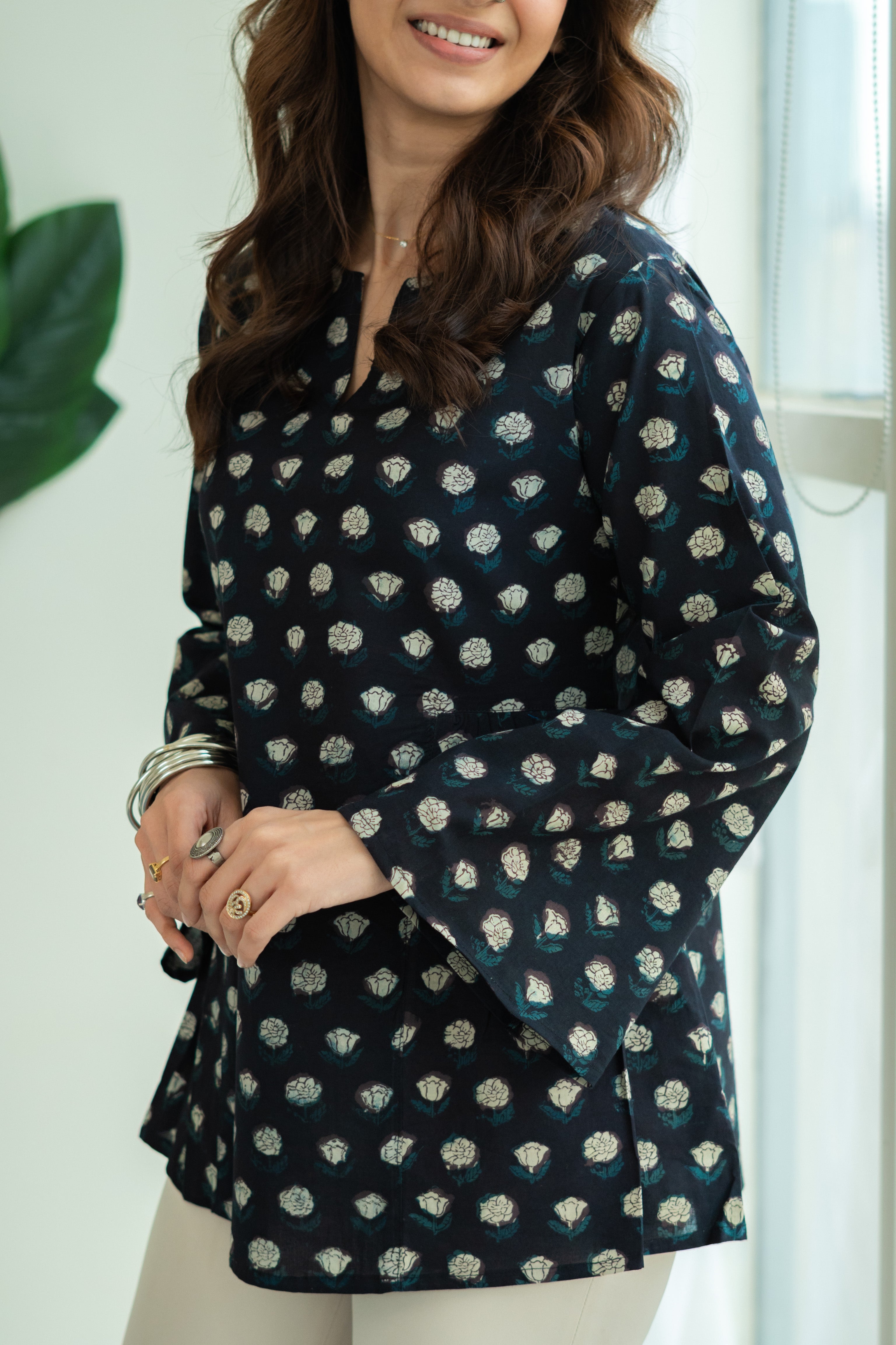 Black Floral Bell Sleeves Cotton Short Top