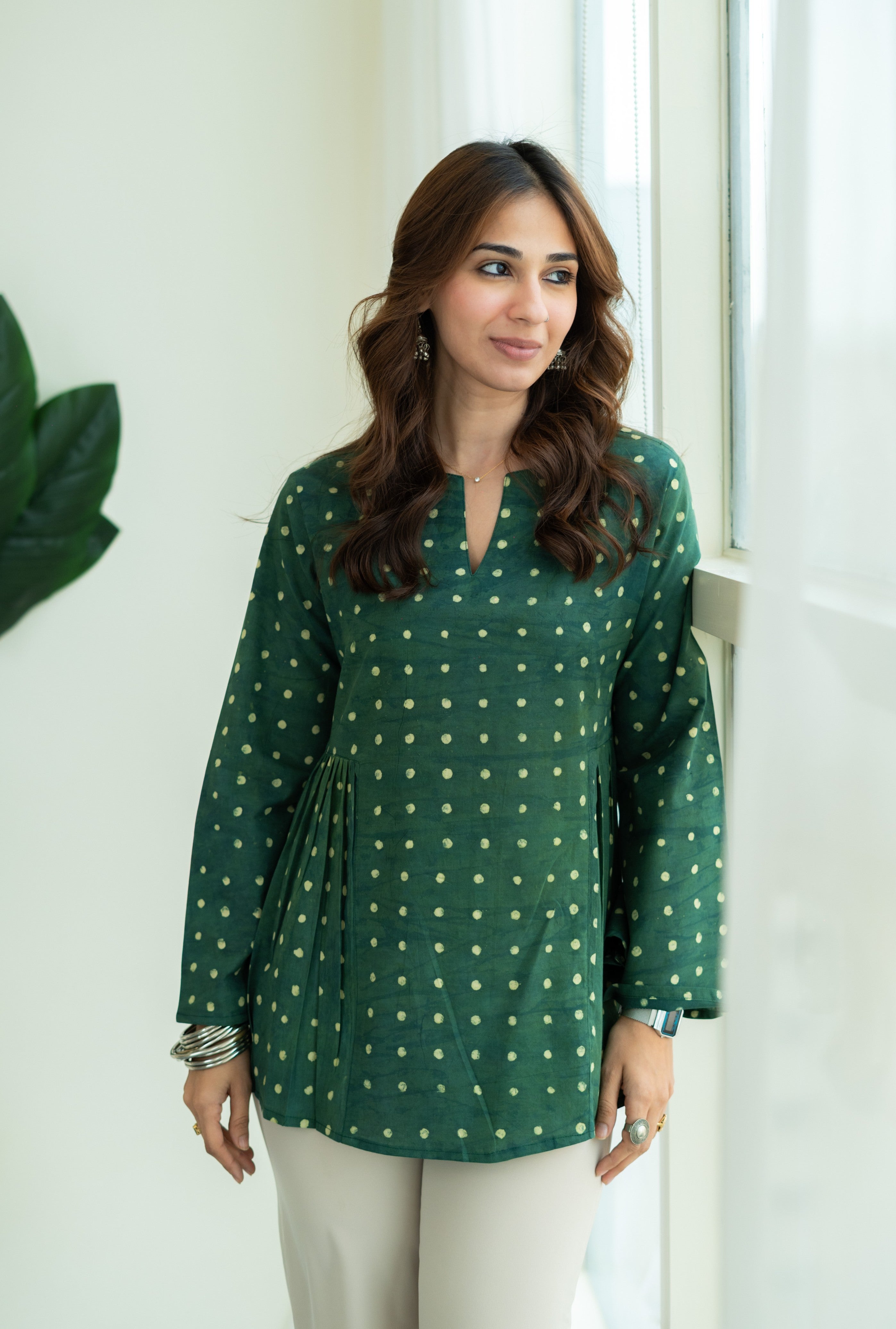 Green Polka Bell Sleeves Cotton Short Top