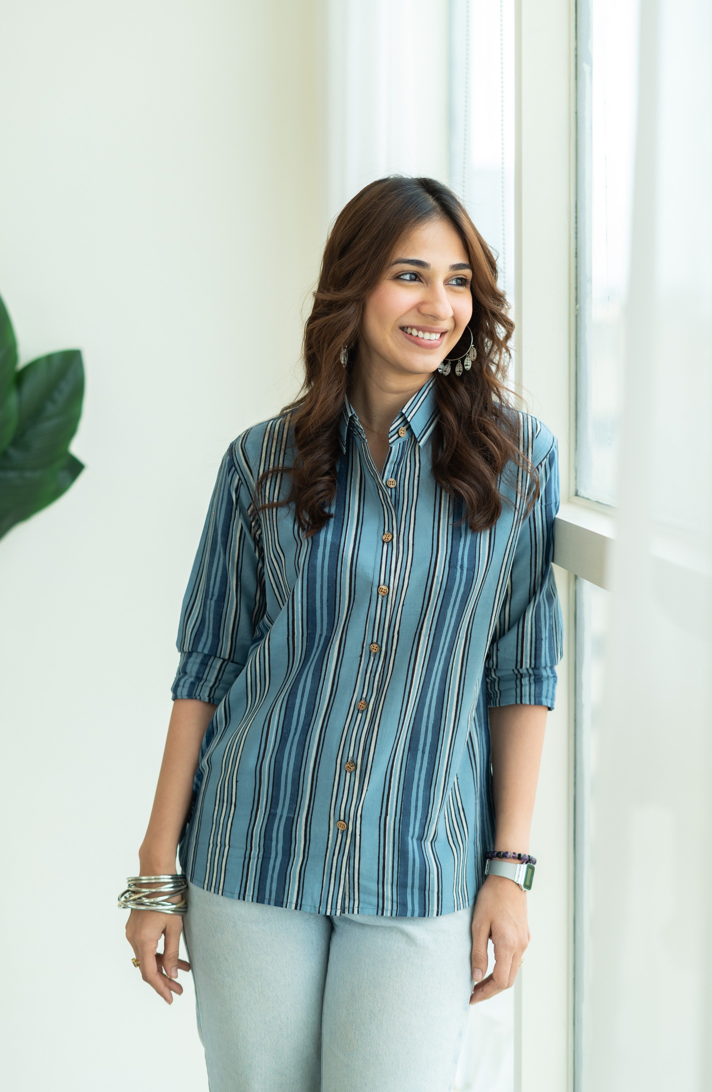 Ajrakh Indigo Daftar Stripe Handblock Cotton Shirt