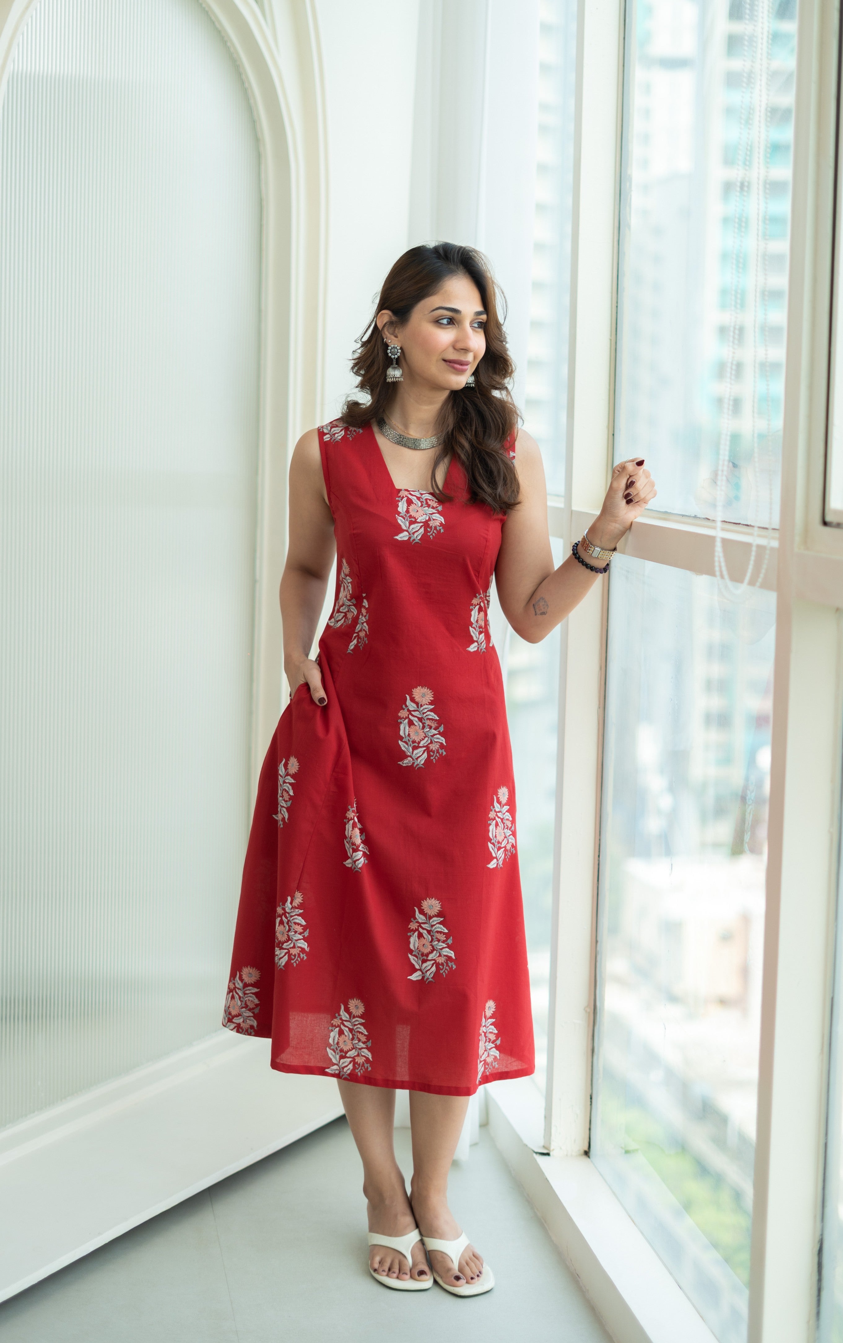Red Flower Handblock Cotton Corset Dress