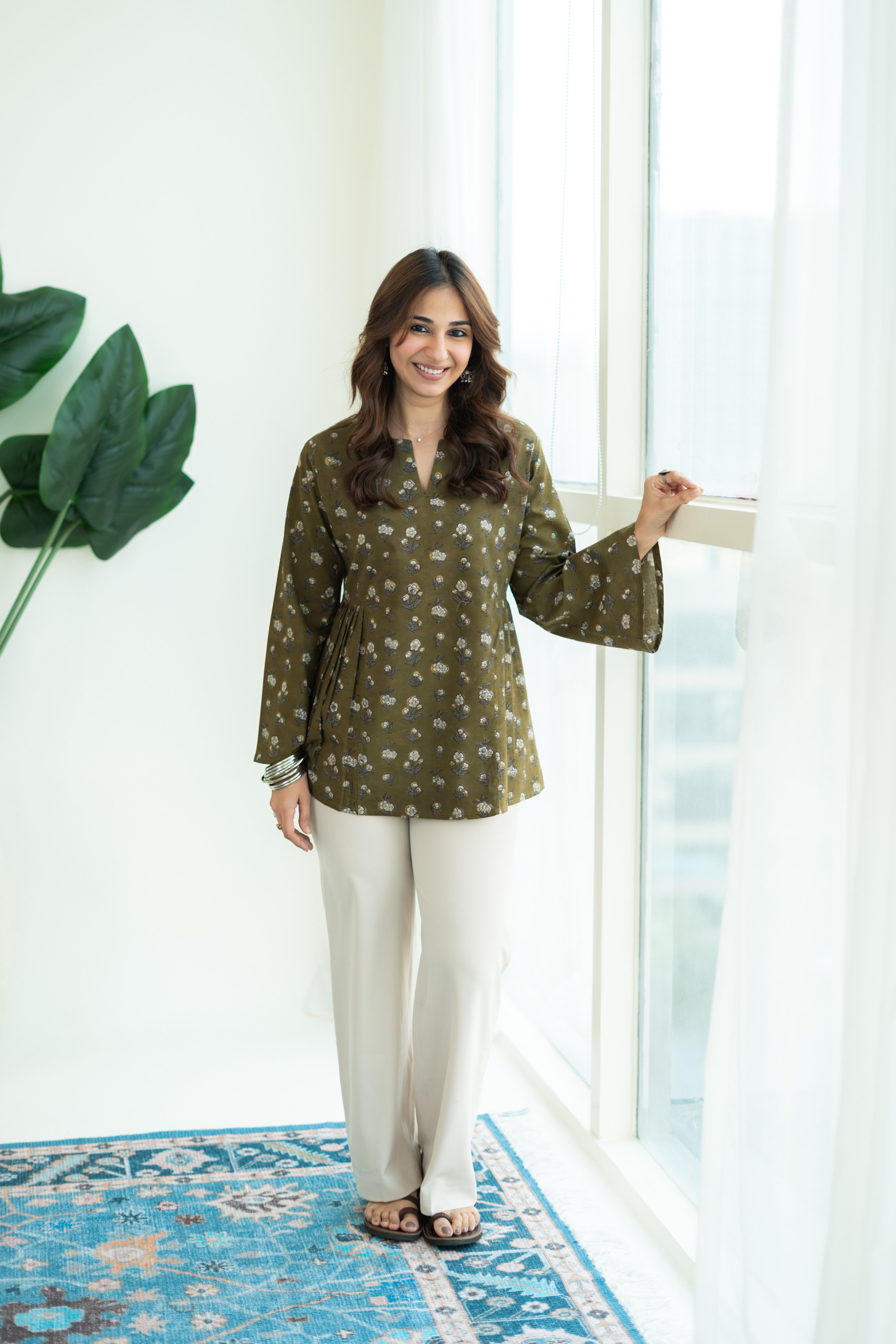 Mehendi Green Bell Sleeves Cotton Short Top