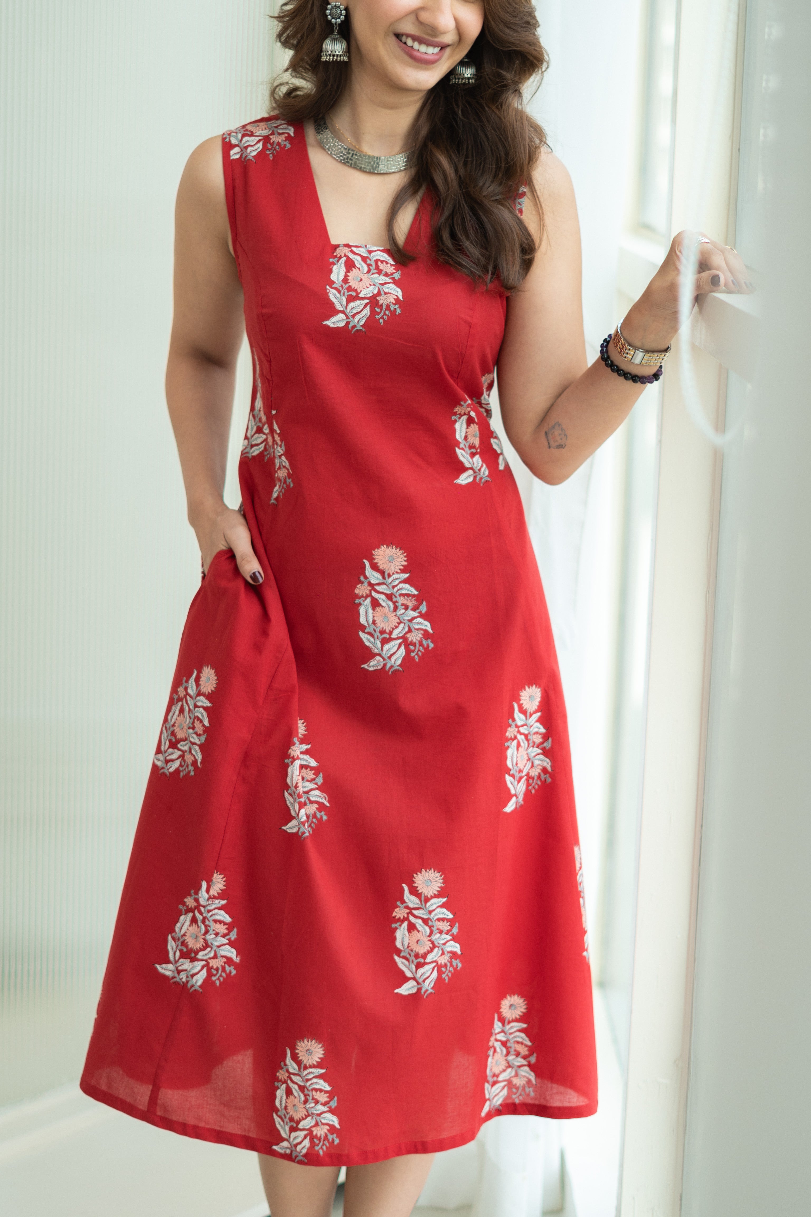 Red Flower Handblock Cotton Corset Dress