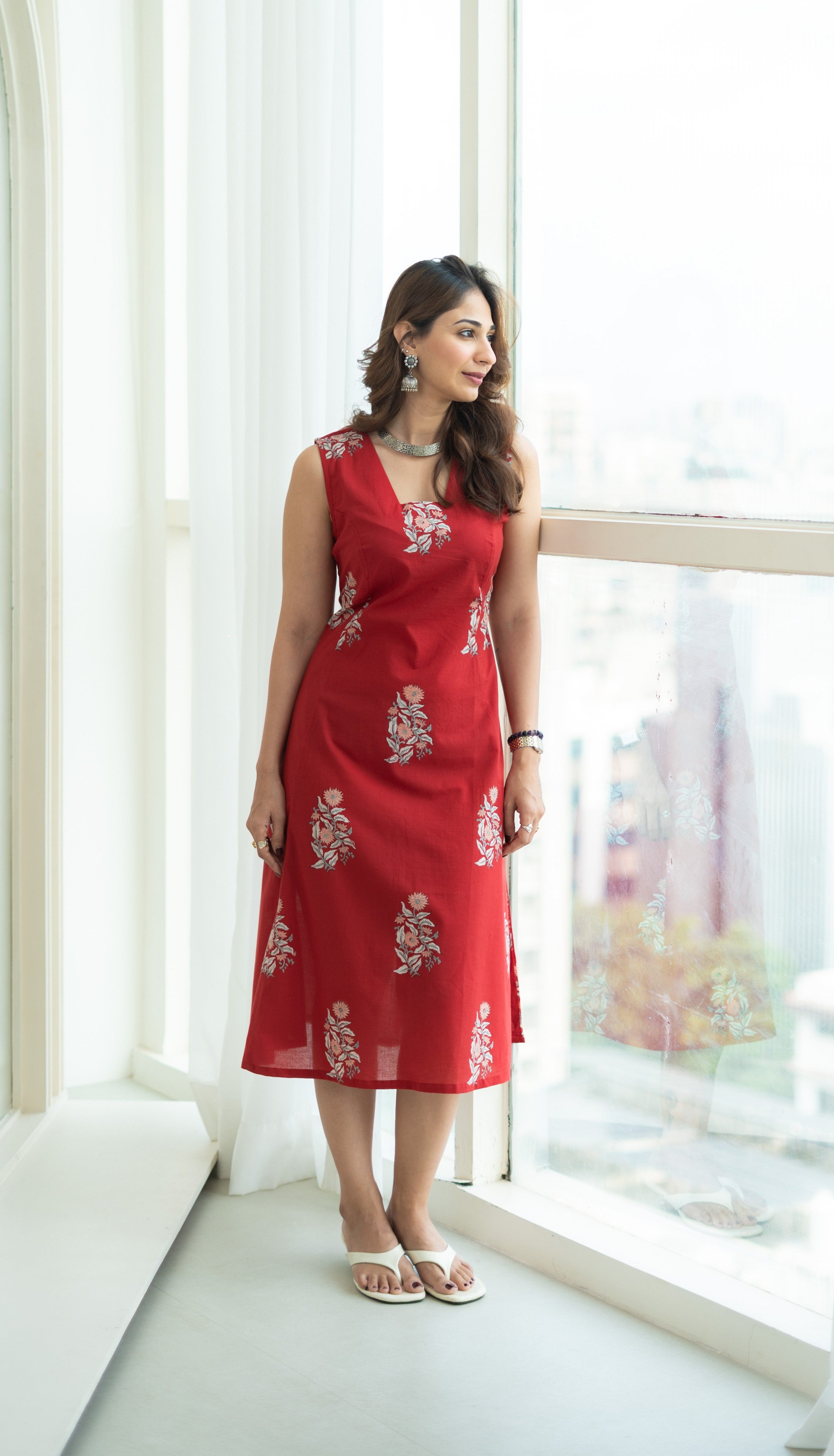 Red Flower Handblock Cotton Corset Dress