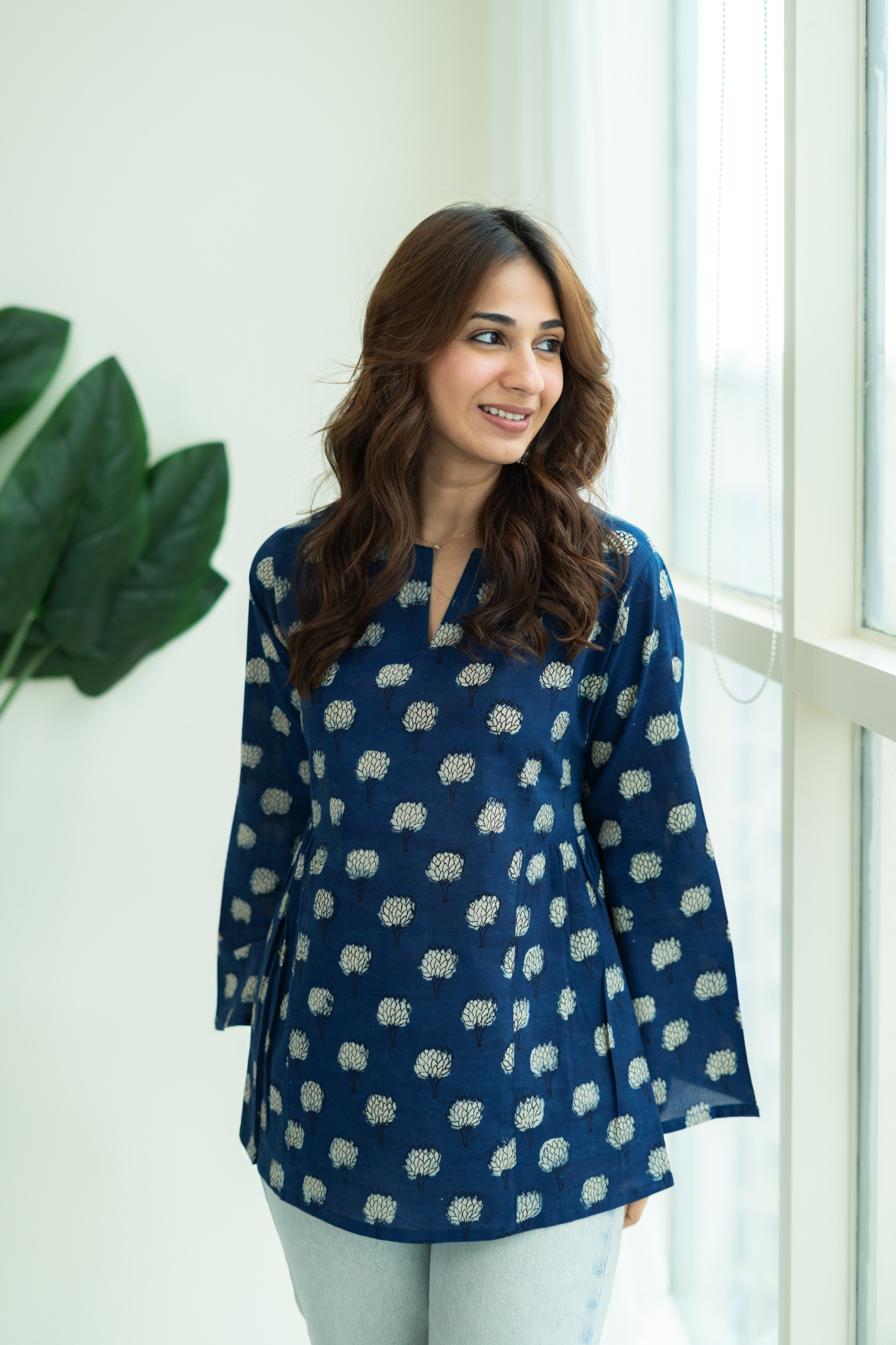 Indigo White Floral Bell Sleeves Cotton Short Top