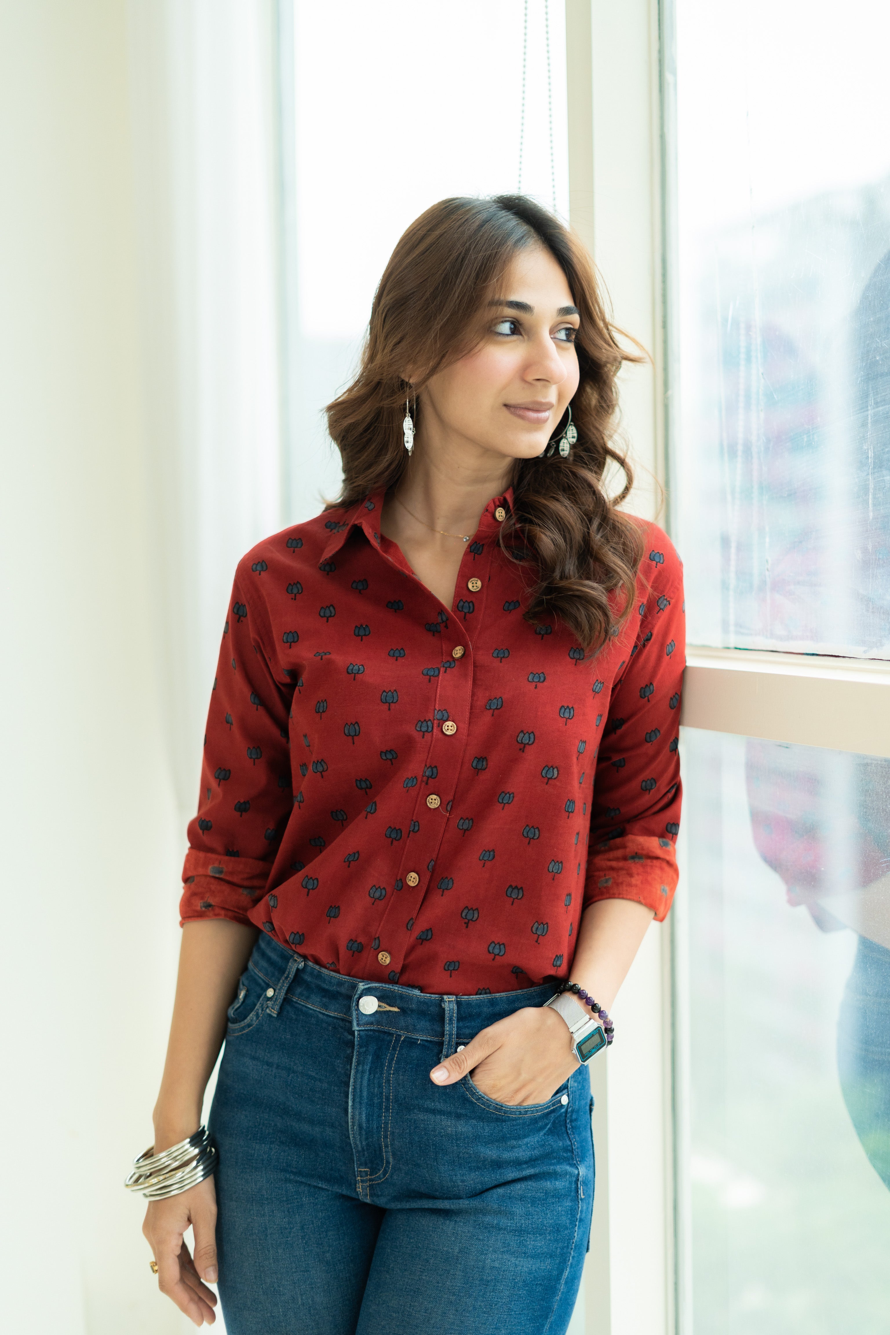 Red Kamal Handblock Cotton Shirt