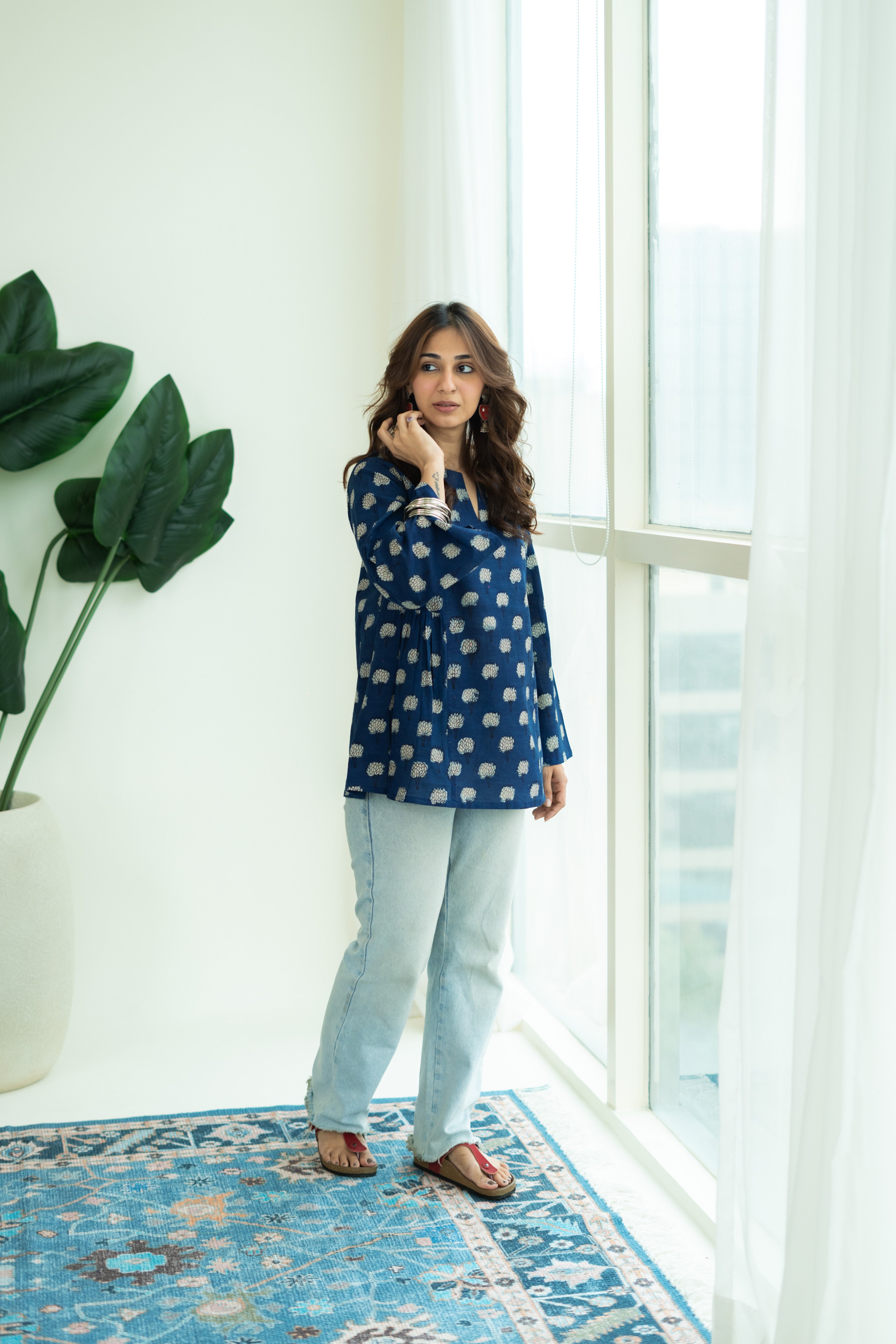 Indigo White Floral Bell Sleeves Cotton Short Top