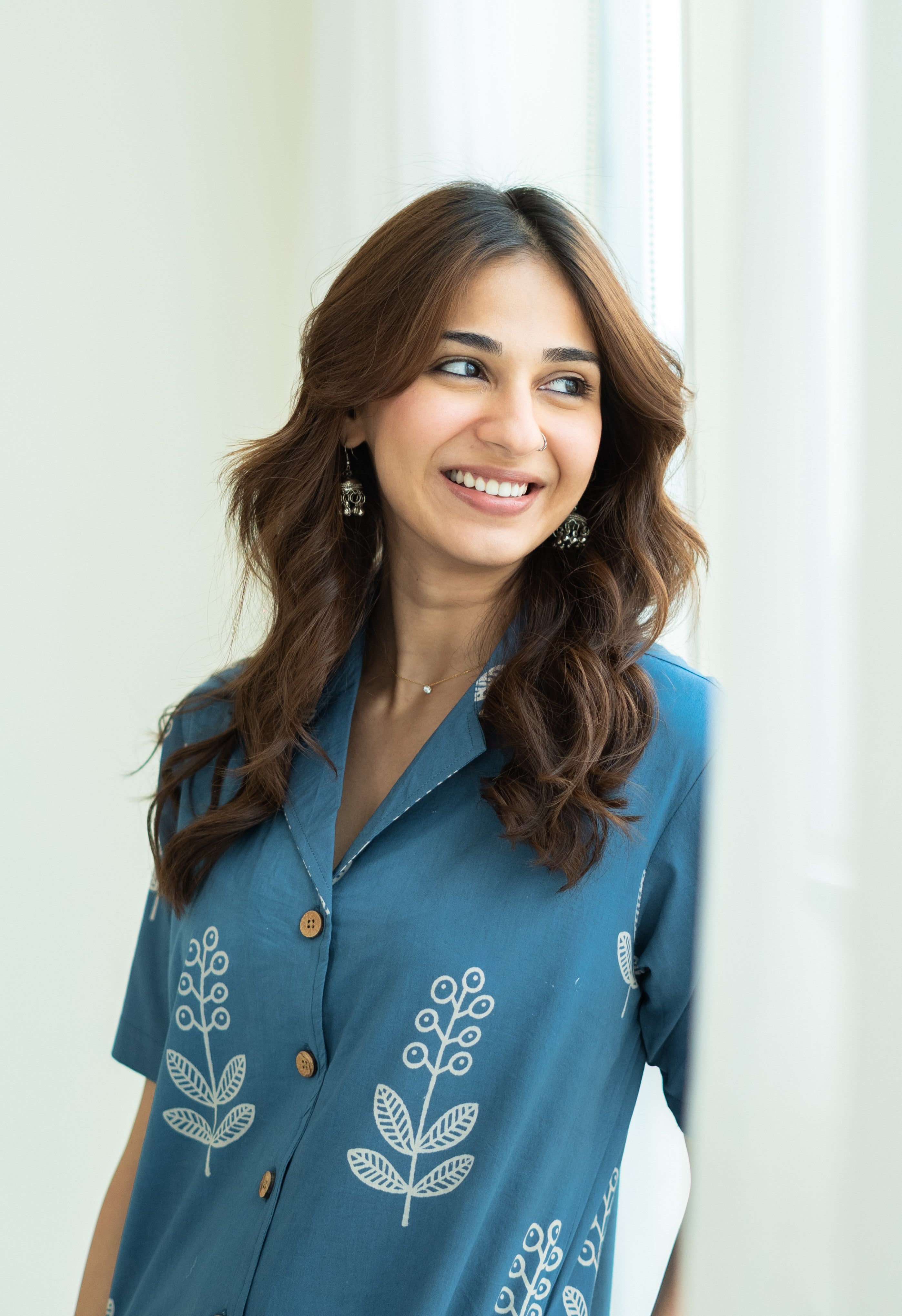 Blue Bagru Floral Handblock Cotton Shirt Kurti