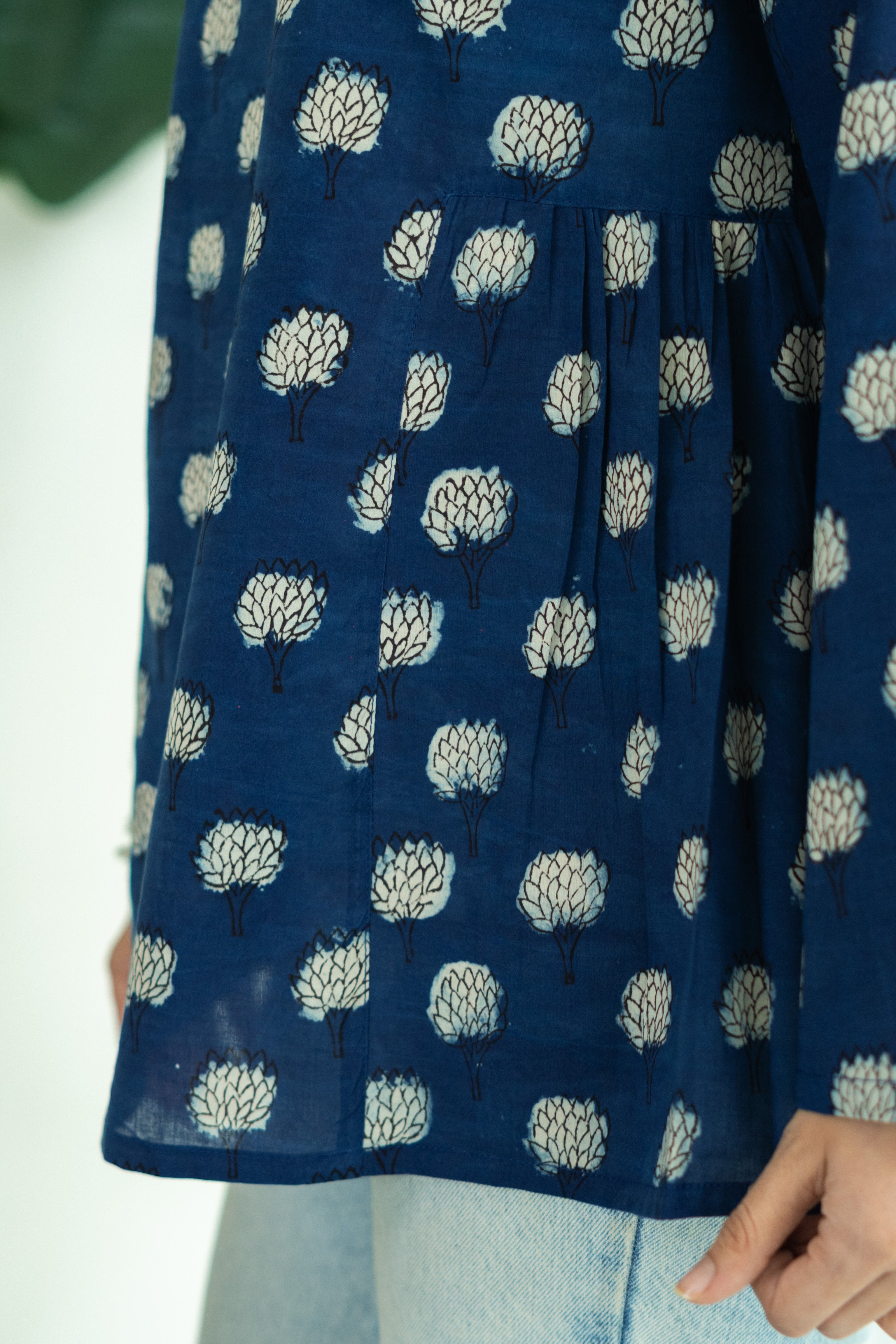 Indigo White Floral Bell Sleeves Cotton Short Top