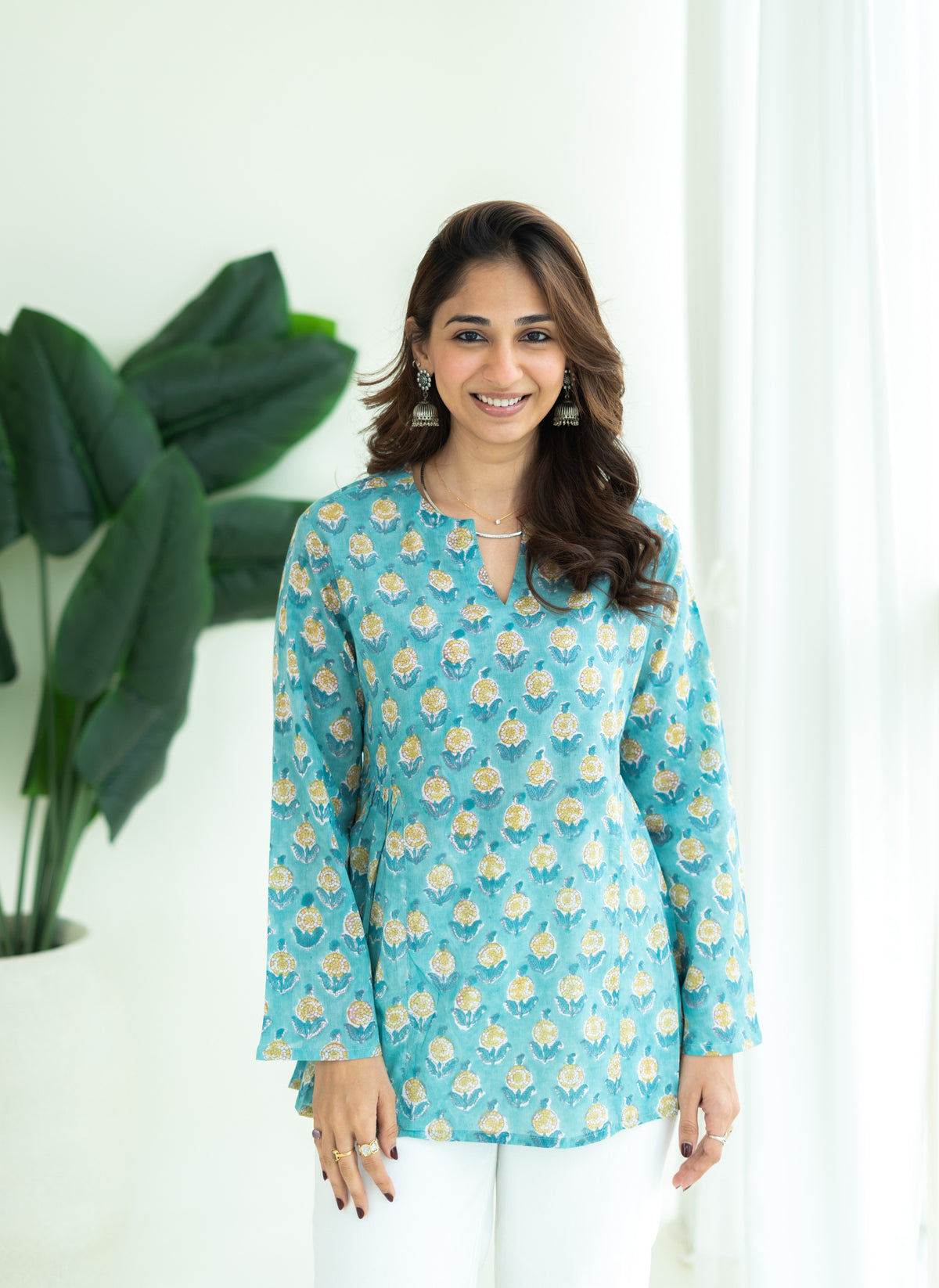 Blue Yellow Floral Bell Sleeves Mul Cotton Short Top