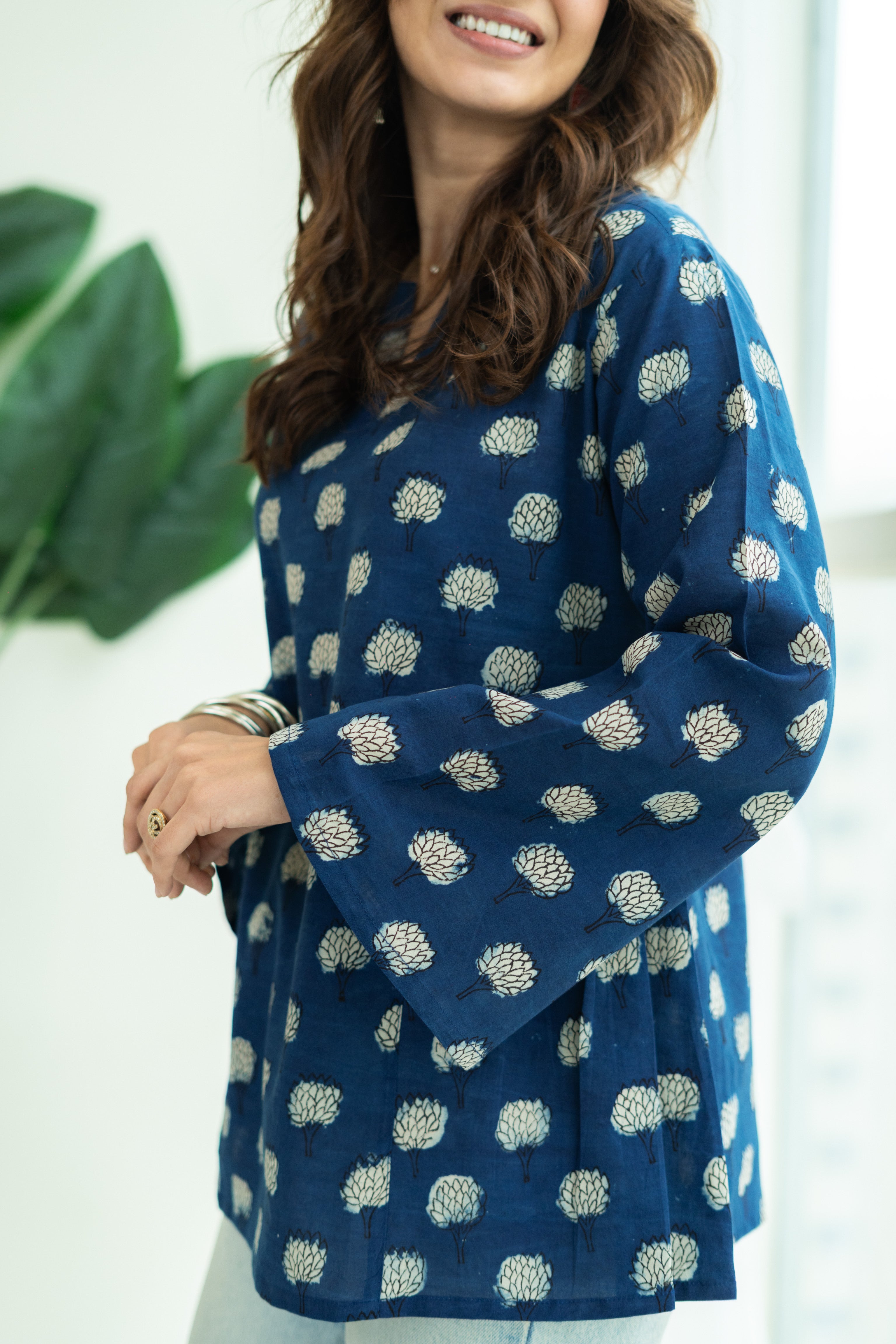 Indigo White Floral Bell Sleeves Cotton Short Top