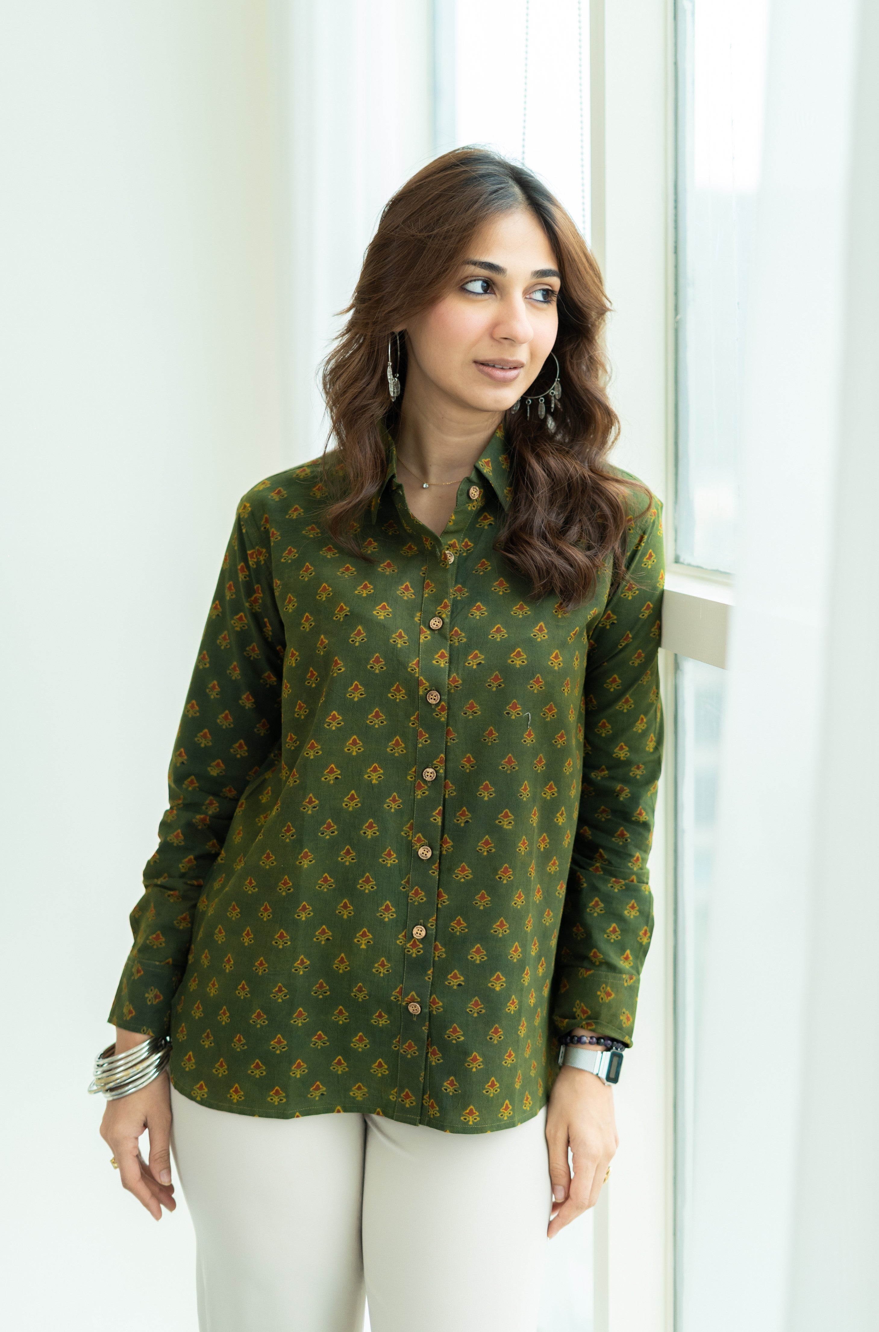 Ajrakh Green Floral Handblock Cotton Shirt
