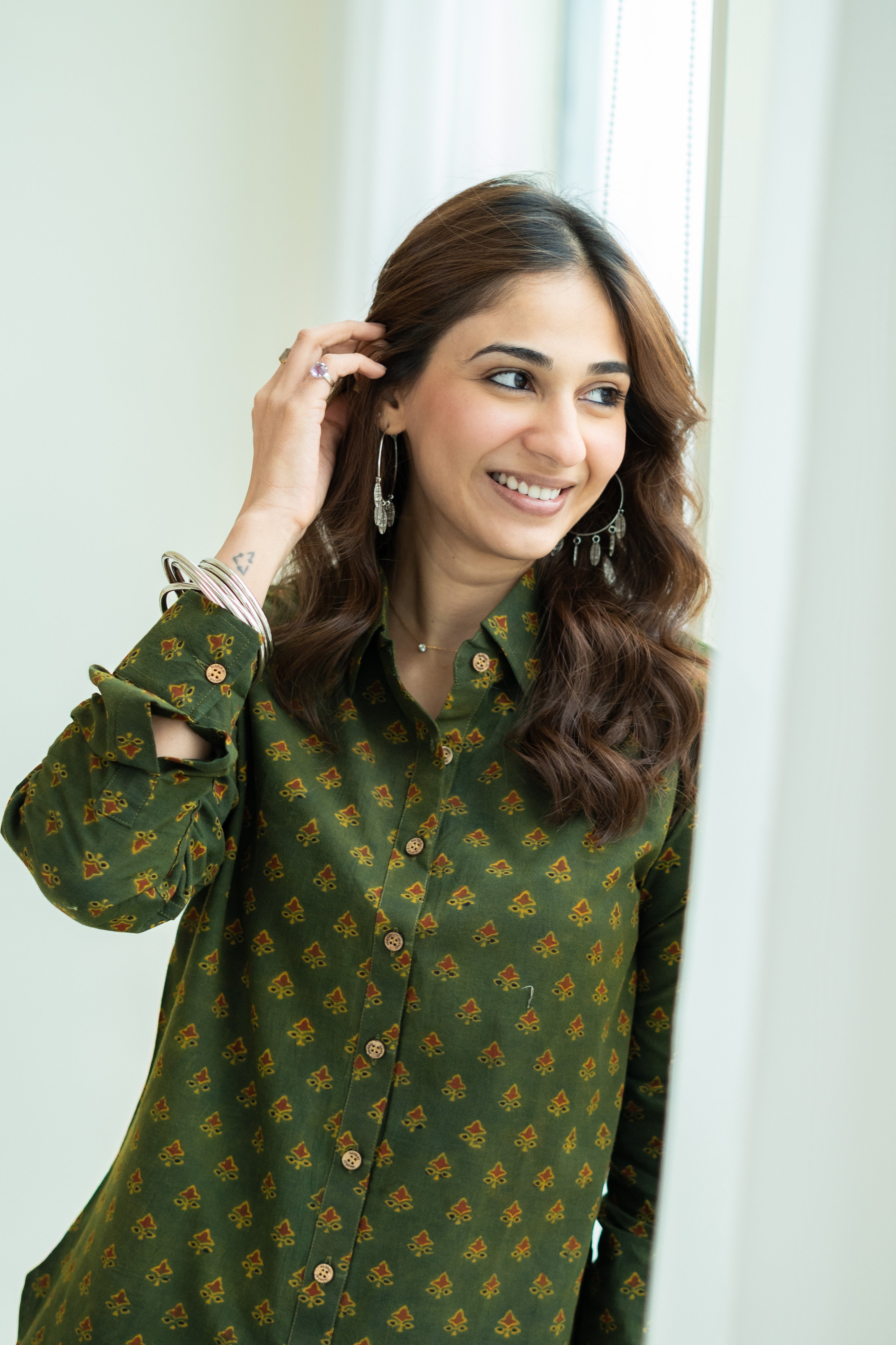 Ajrakh Green Floral Handblock Cotton Shirt