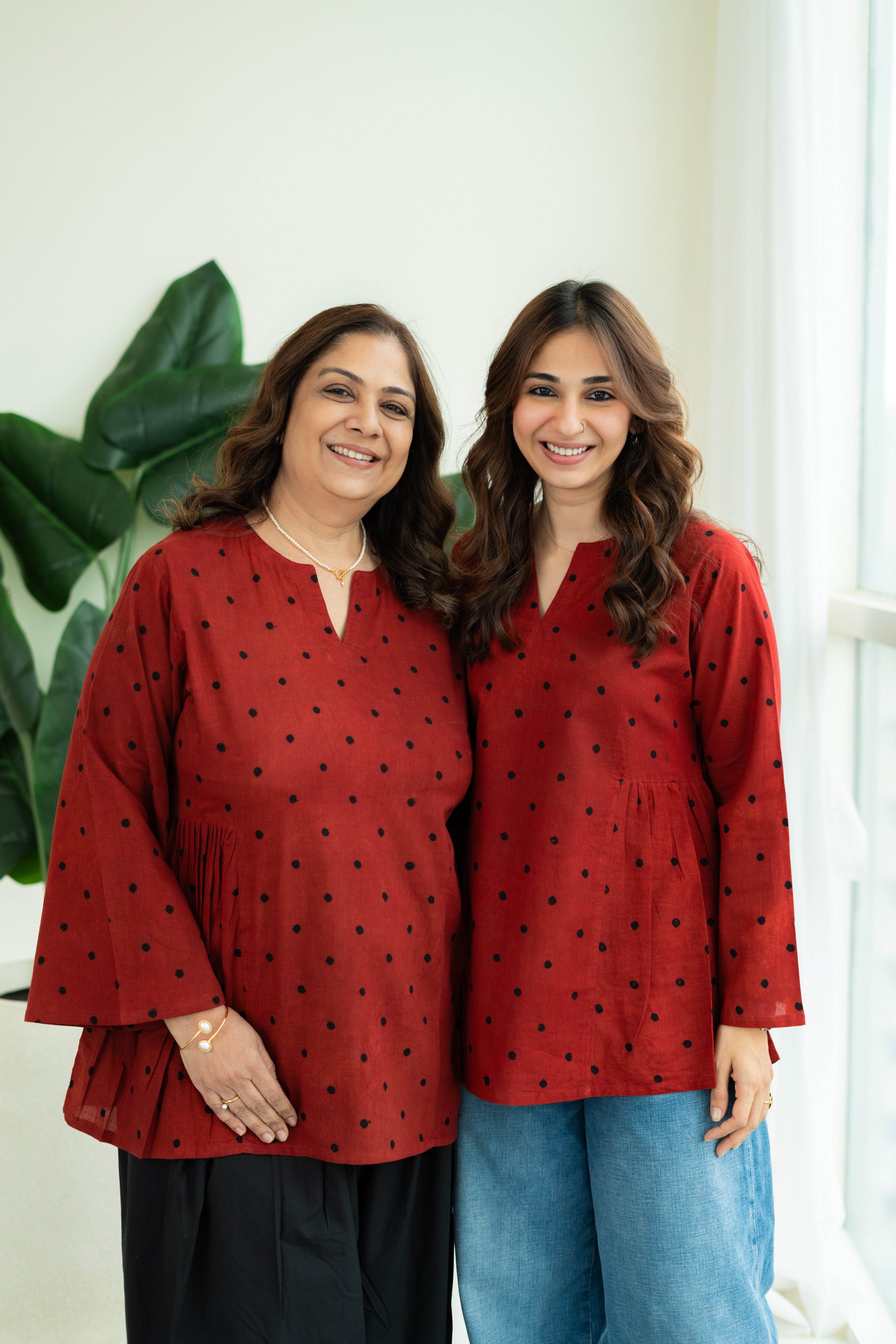 Red Polka Ajrakh Bell Sleeves Cotton Short Top